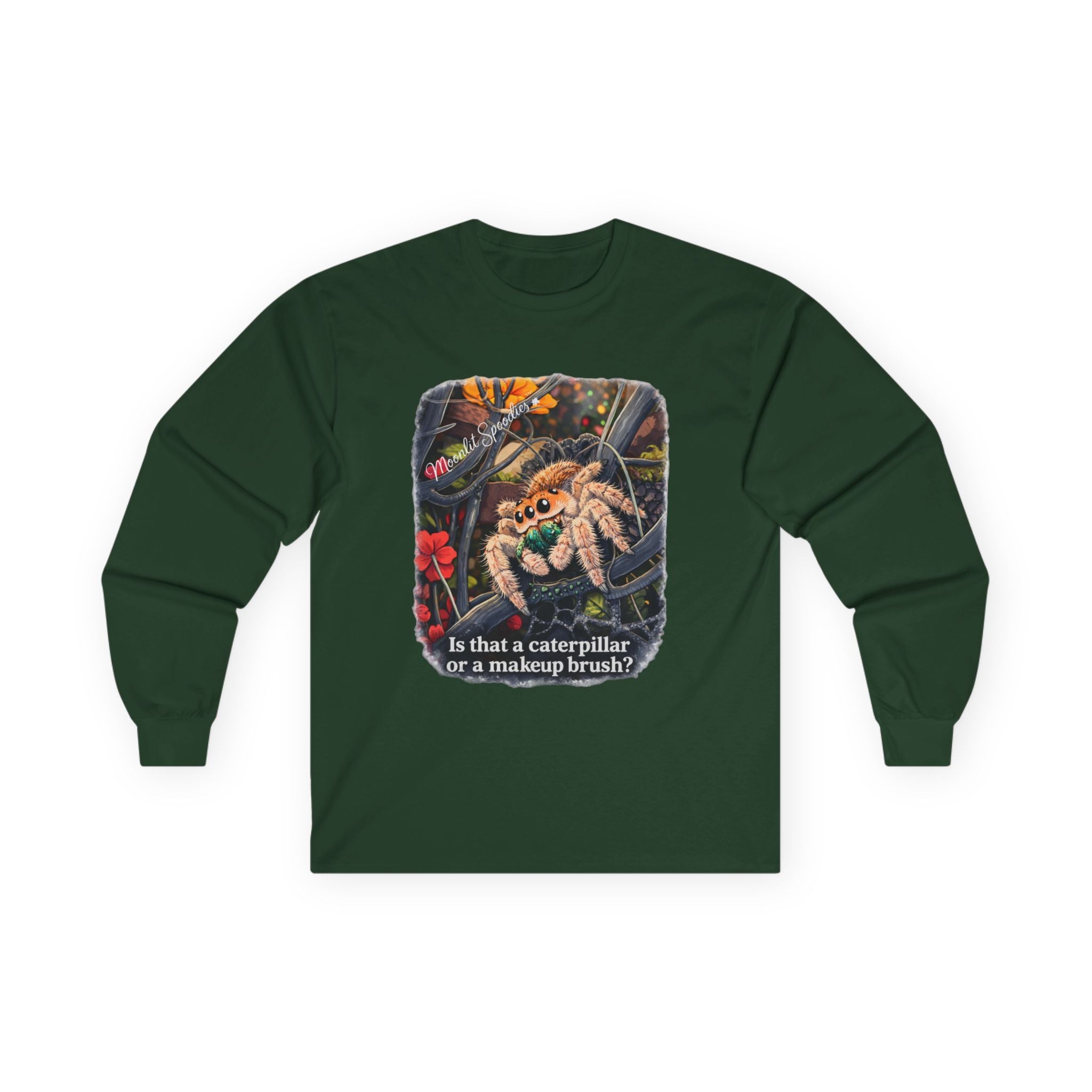 Long Sleeve Tee — Funny Spider Illustration with Caption “Is that a caterpillar or a makeup brush?”