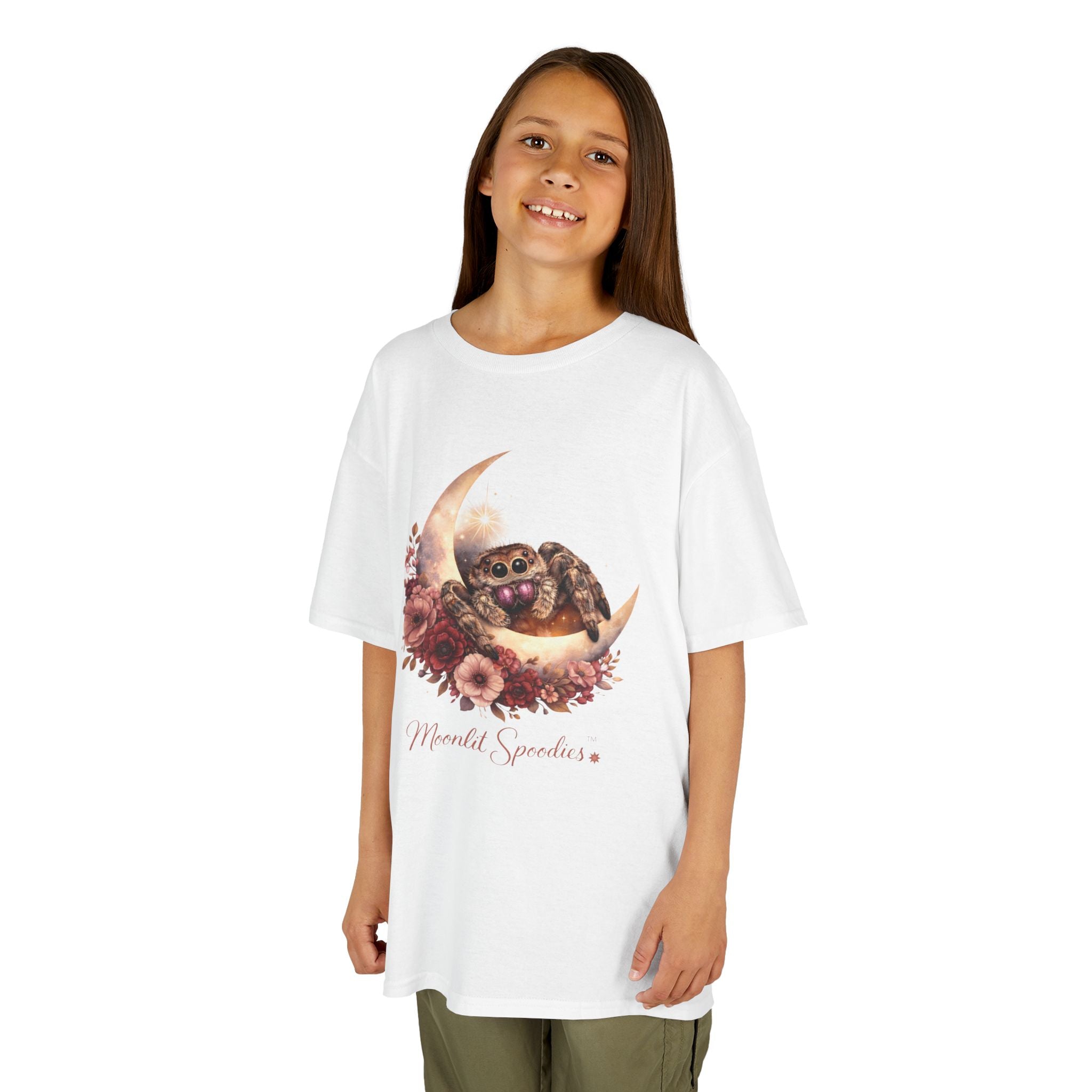 Kids Tee — Sorsha the Jumping Spider on Crescent Moon (Moonlit Spoodies)