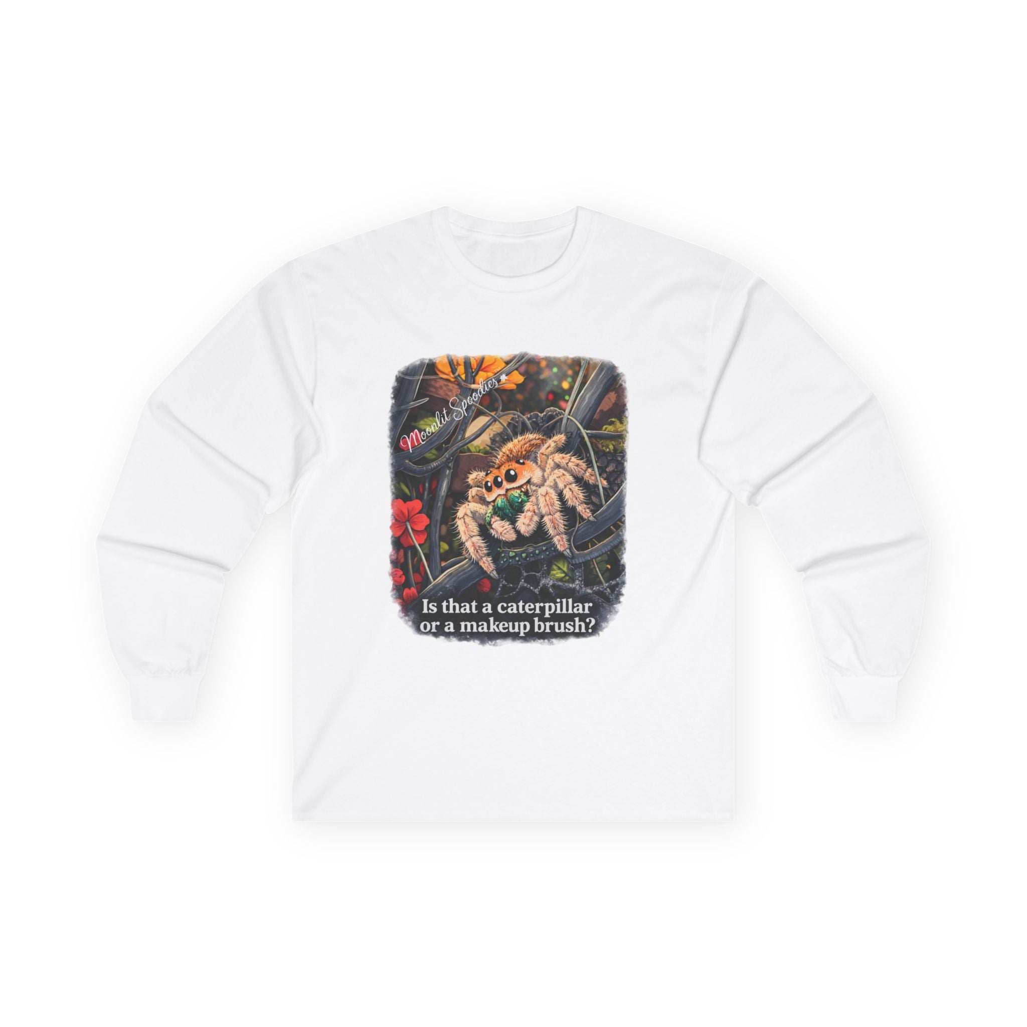 Long Sleeve Tee — Funny Spider Illustration with Caption “Is that a caterpillar or a makeup brush?”