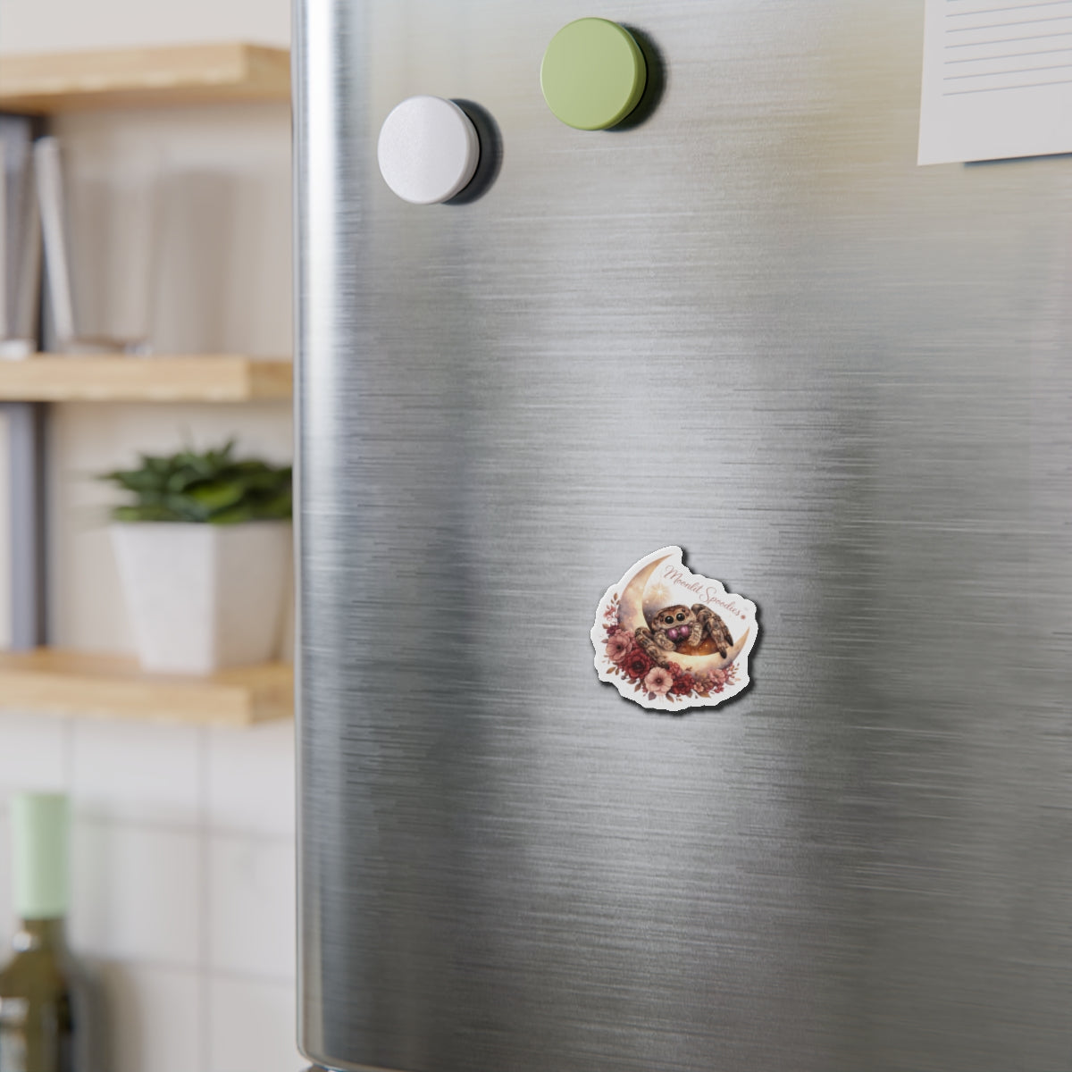 Cute Sorsha Jumping Spider on Crescent Moon Floral Die-Cut Magnet