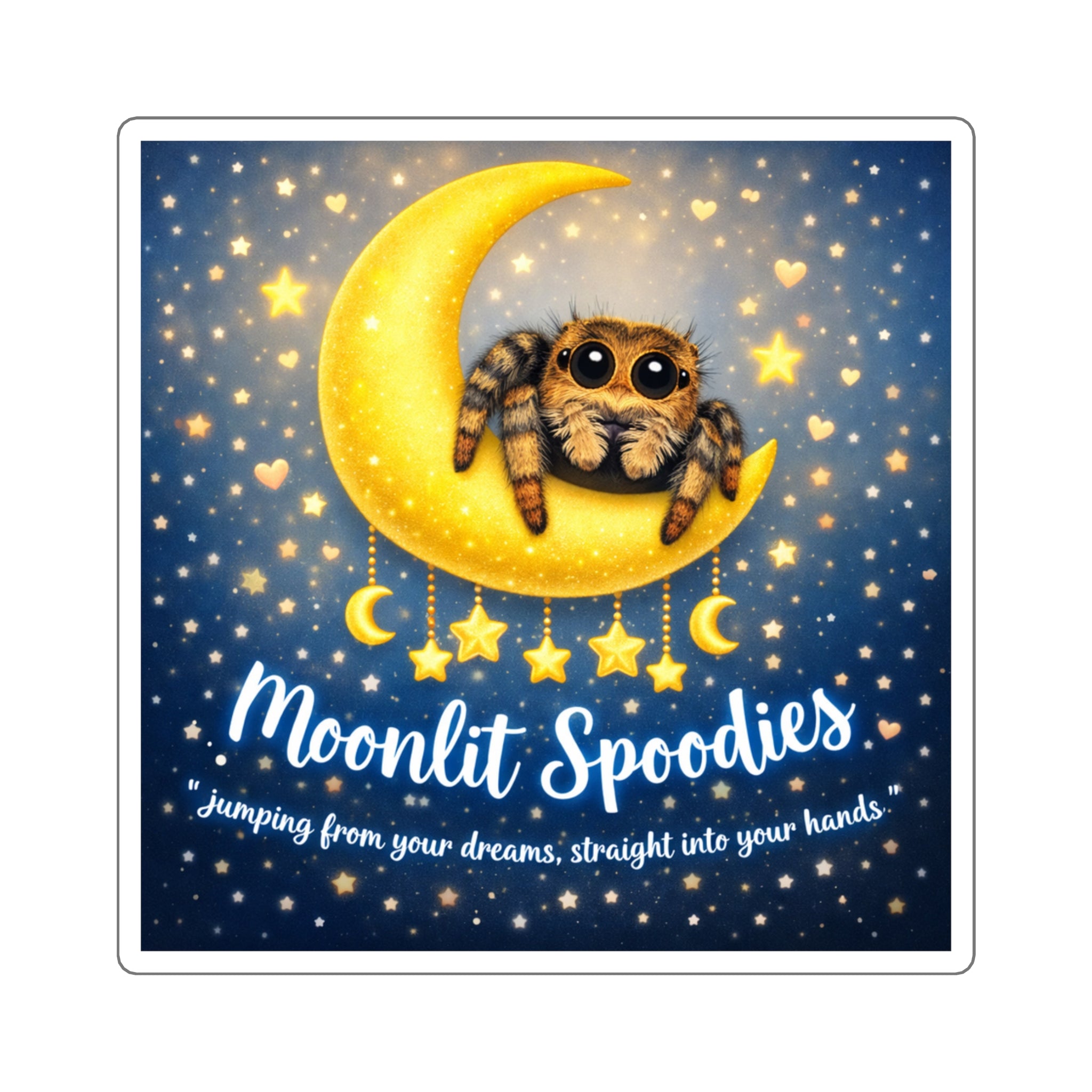 Square Sticker — "Moonlit Spoodies" Cute Spider on Crescent Moon Sticker