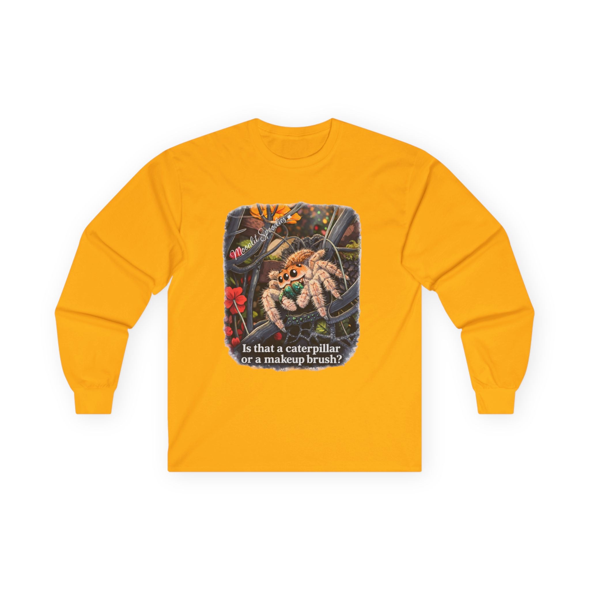Long Sleeve Tee — Funny Spider Illustration with Caption “Is that a caterpillar or a makeup brush?”