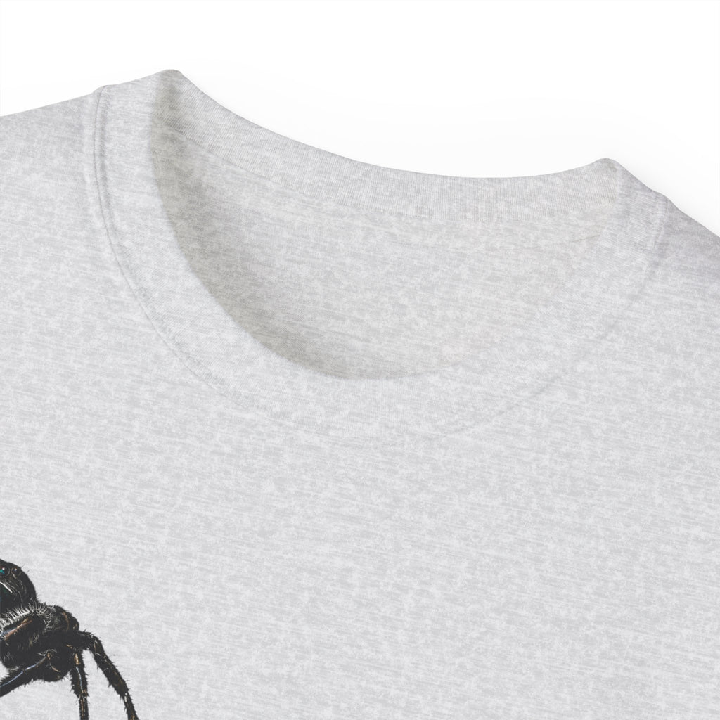 Spider Sketch Tee — Minimal Black Spider Graphic with 'Please Confirm' Text