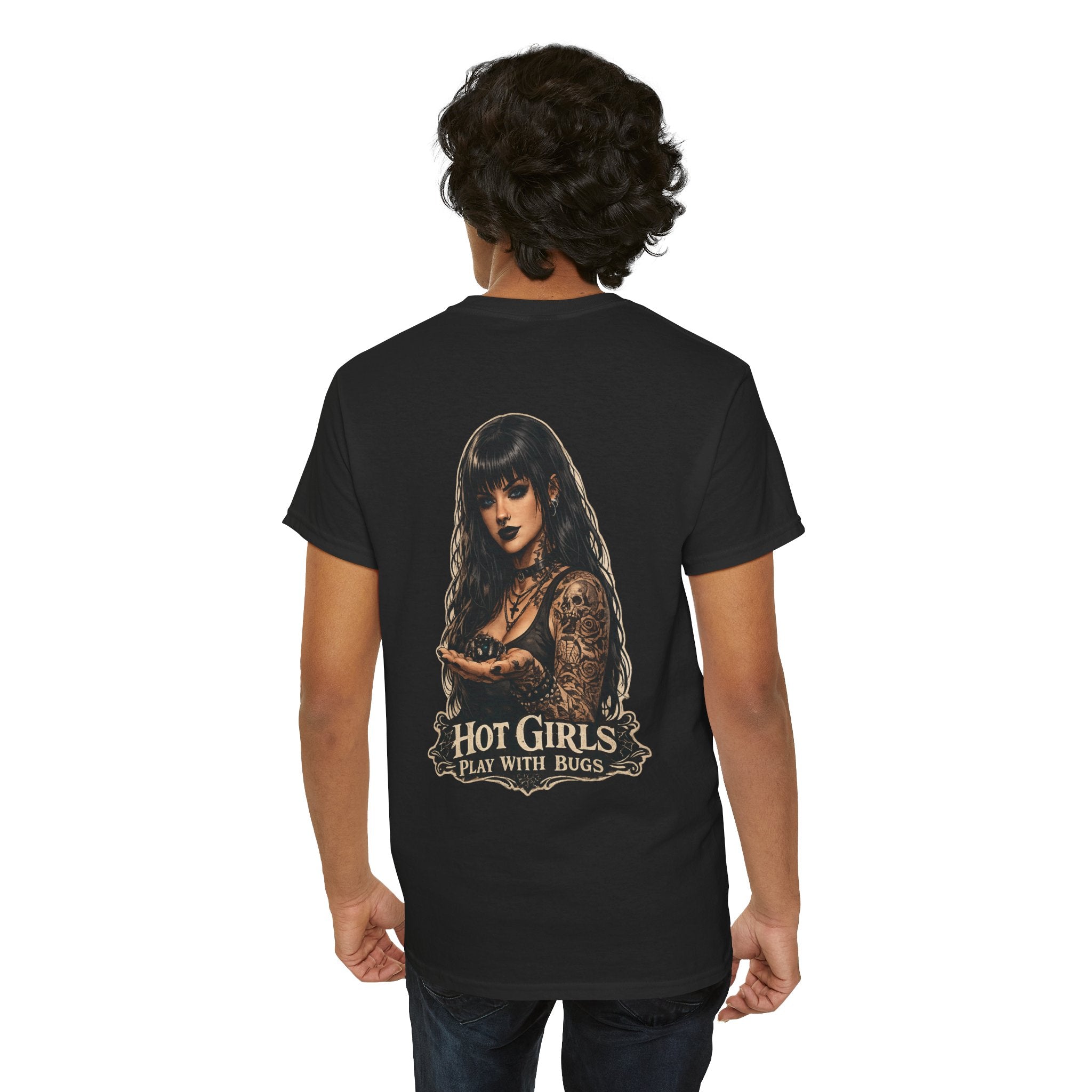 T-Shirt — "Hot Girls Play With Bugs" Goth Pinup Graphic Tee