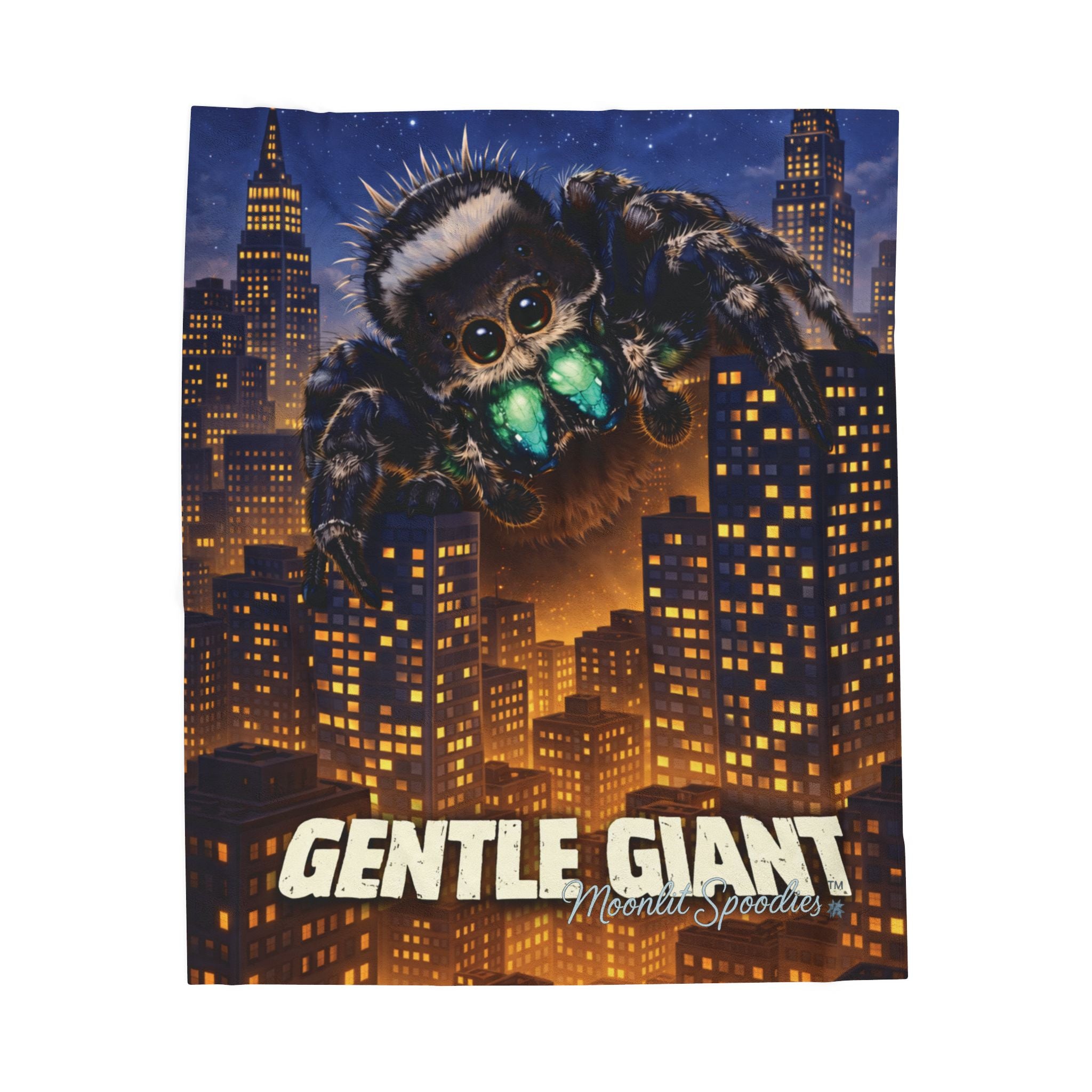 Velveteen Plush Blanket — "Gentle Giant" Neon-Eyed Spider Cityscape Throw