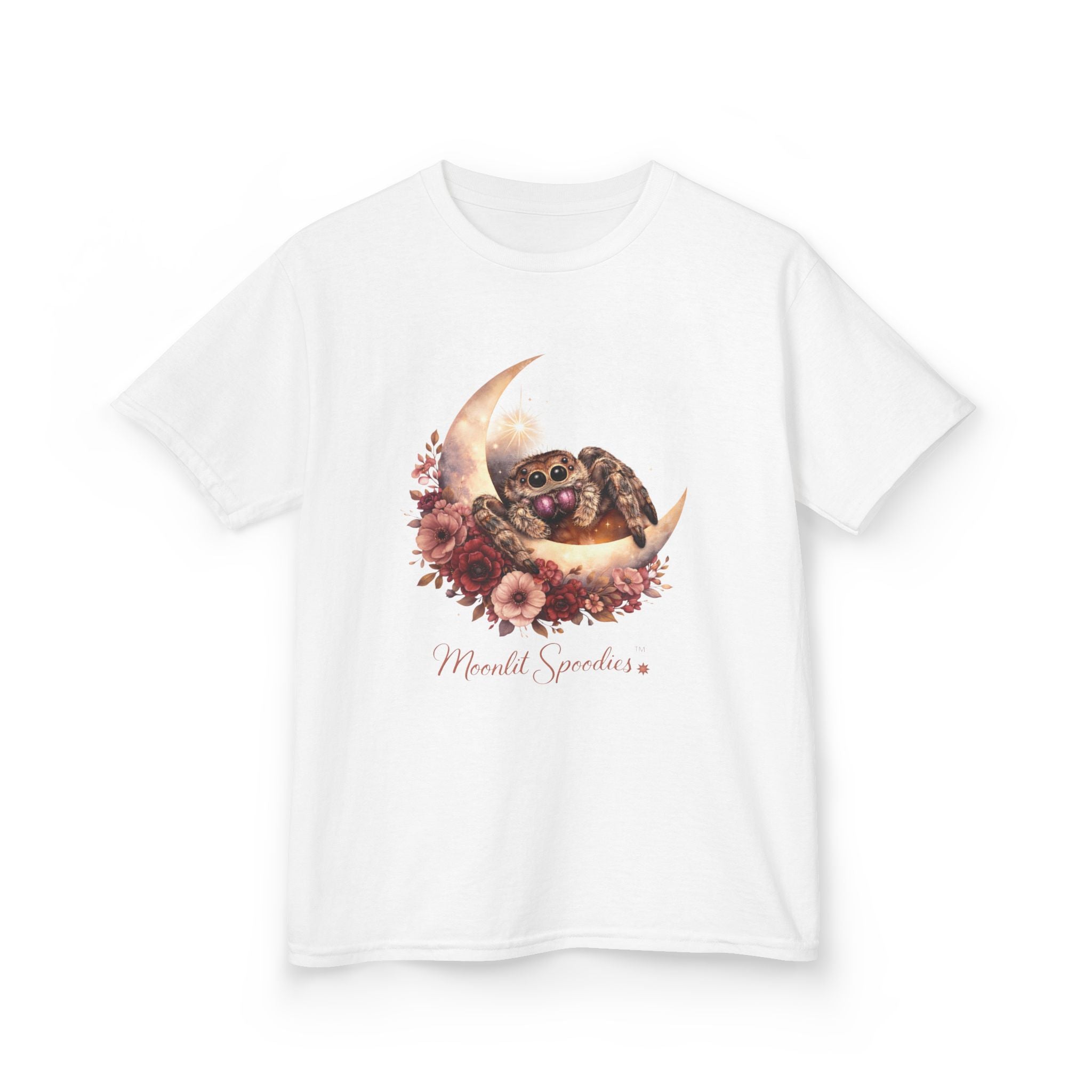 Kids Tee — Sorsha the Jumping Spider on Crescent Moon (Moonlit Spoodies)