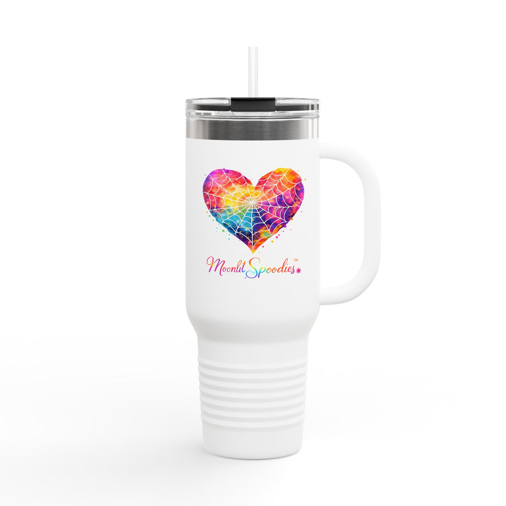 Personalized 40oz Insulated Travel Mug — Colorful Heart Paint Splash with Moonlit Spoodies Logo