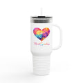 Personalized 40oz Insulated Travel Mug — Colorful Heart Paint Splash with Moonlit Spoodies Logo