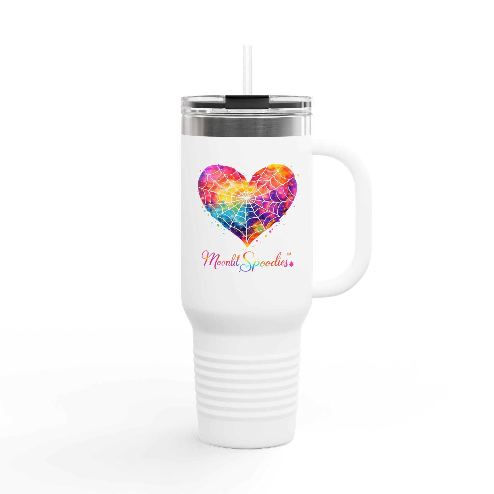 Personalized 40oz Insulated Travel Mug — Colorful Heart Paint Splash with Moonlit Spoodies Logo