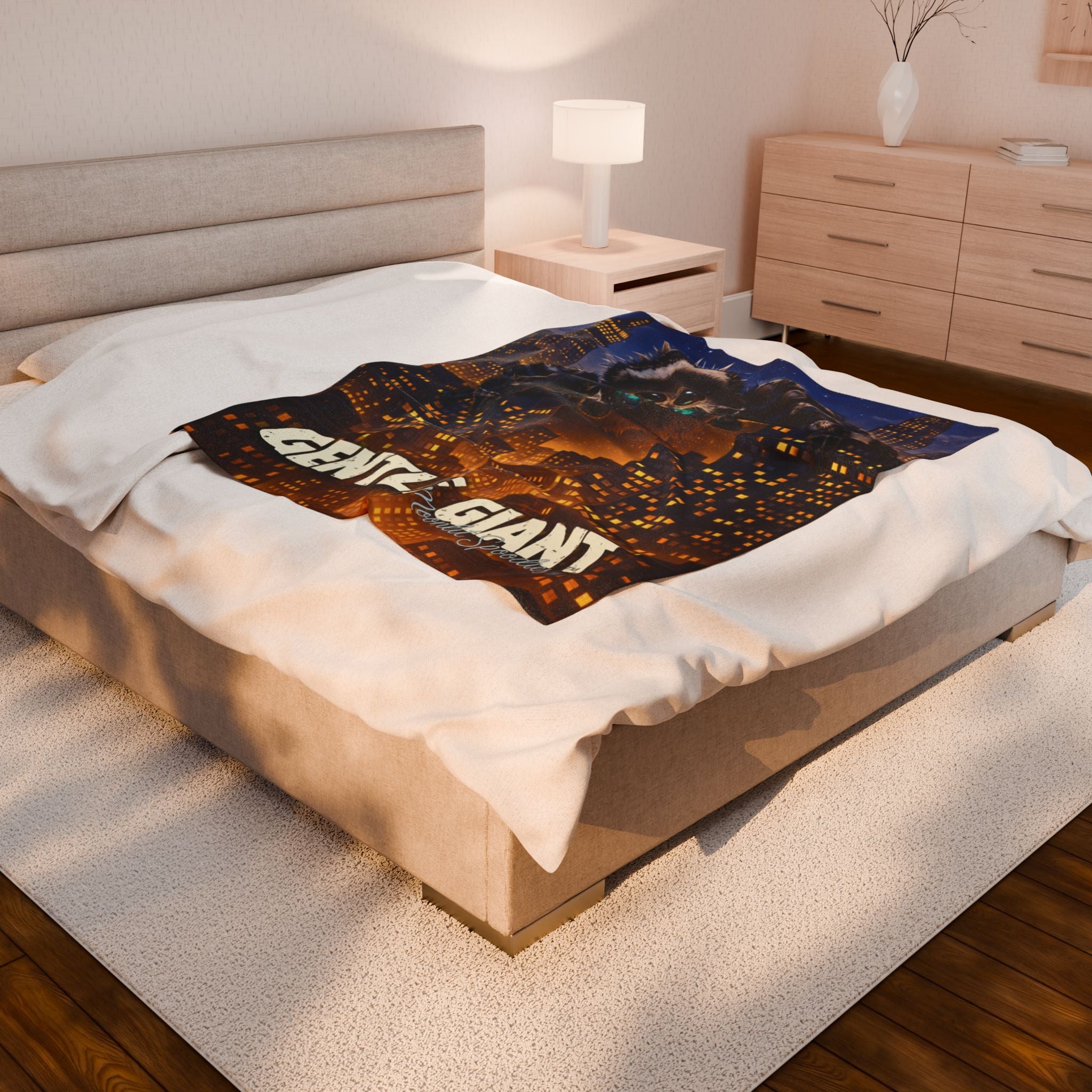 Velveteen Plush Blanket — "Gentle Giant" Neon-Eyed Spider Cityscape Throw