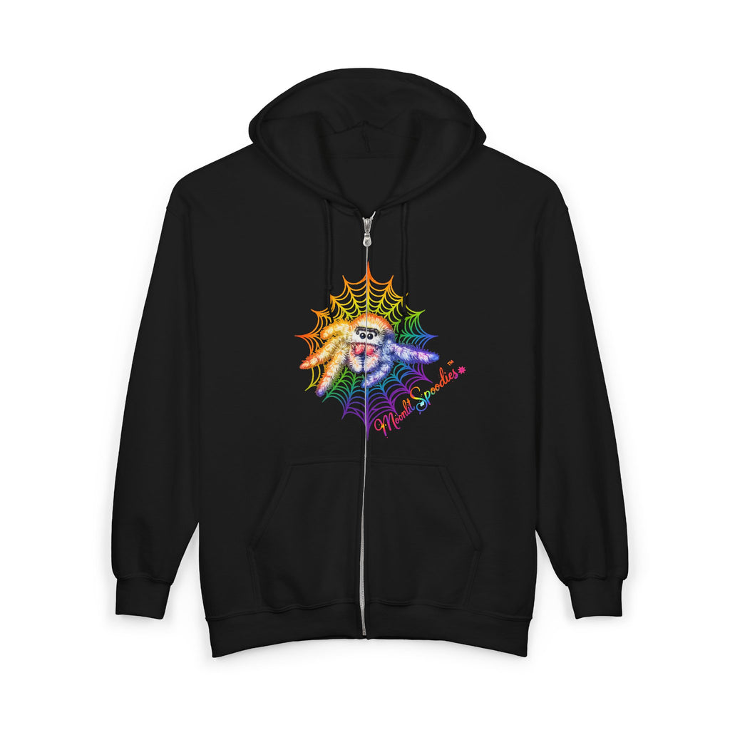 Rainbow Web Spider Zip Hoodie – Psychedelic Celestial Full-Zip Sweatshirt