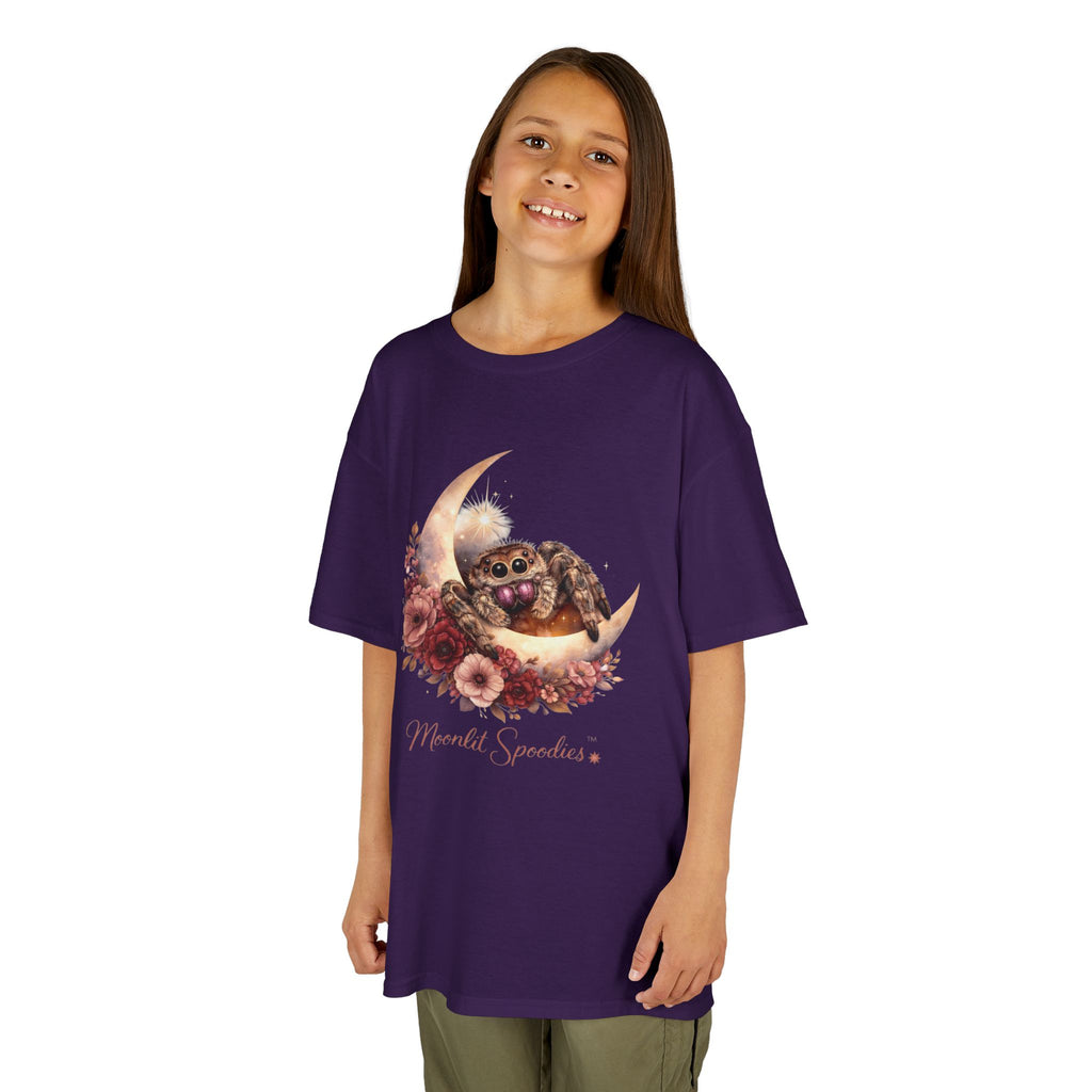 Kids Tee — Sorsha the Jumping Spider on Crescent Moon (Moonlit Spoodies)