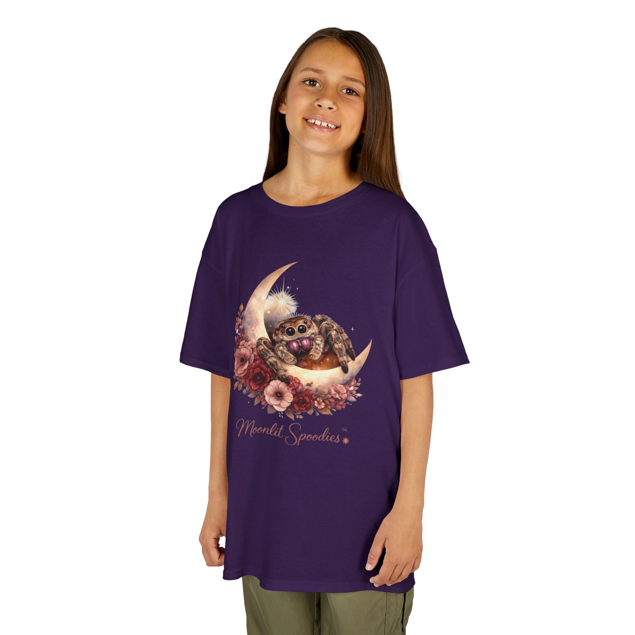 Kids Tee — Sorsha the Jumping Spider on Crescent Moon (Moonlit Spoodies)