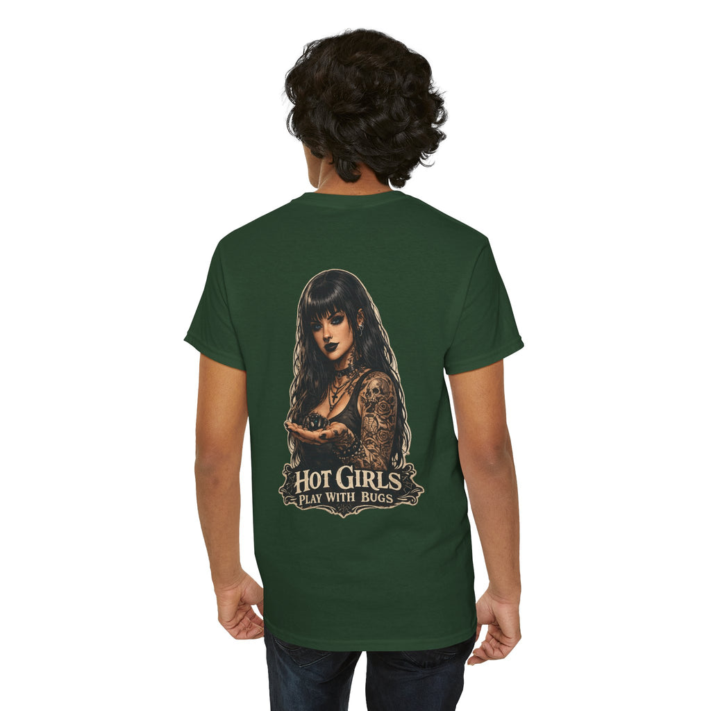 T-Shirt — "Hot Girls Play With Bugs" Goth Pinup Graphic Tee