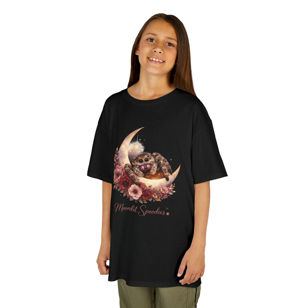 Kids Tee — Sorsha the Jumping Spider on Crescent Moon (Moonlit Spoodies)
