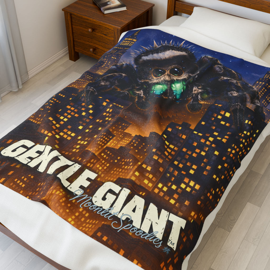 Velveteen Plush Blanket — "Gentle Giant" Neon-Eyed Spider Cityscape Throw