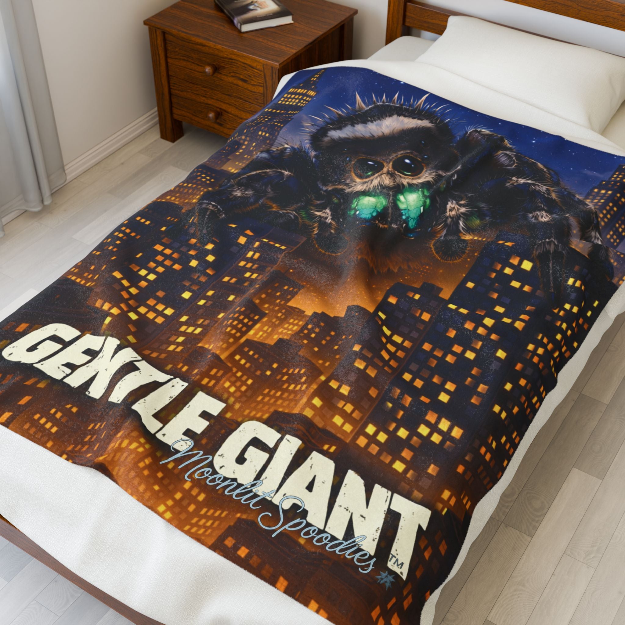 Velveteen Plush Blanket — "Gentle Giant" Neon-Eyed Spider Cityscape Throw