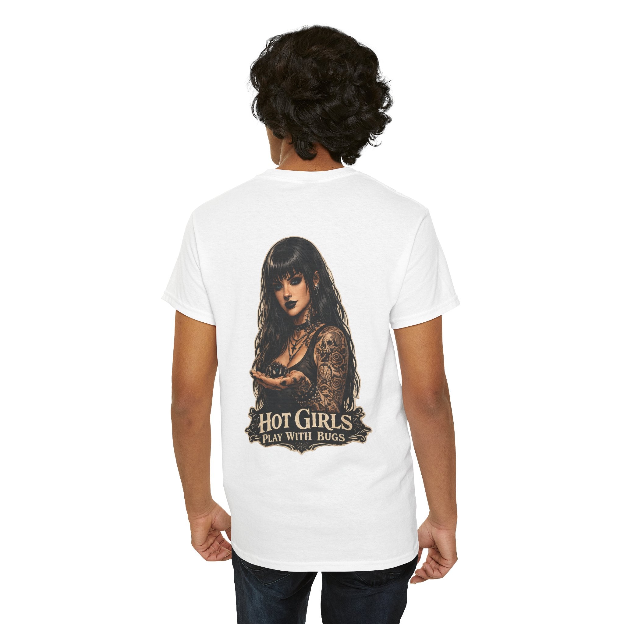T-Shirt — "Hot Girls Play With Bugs" Goth Pinup Graphic Tee