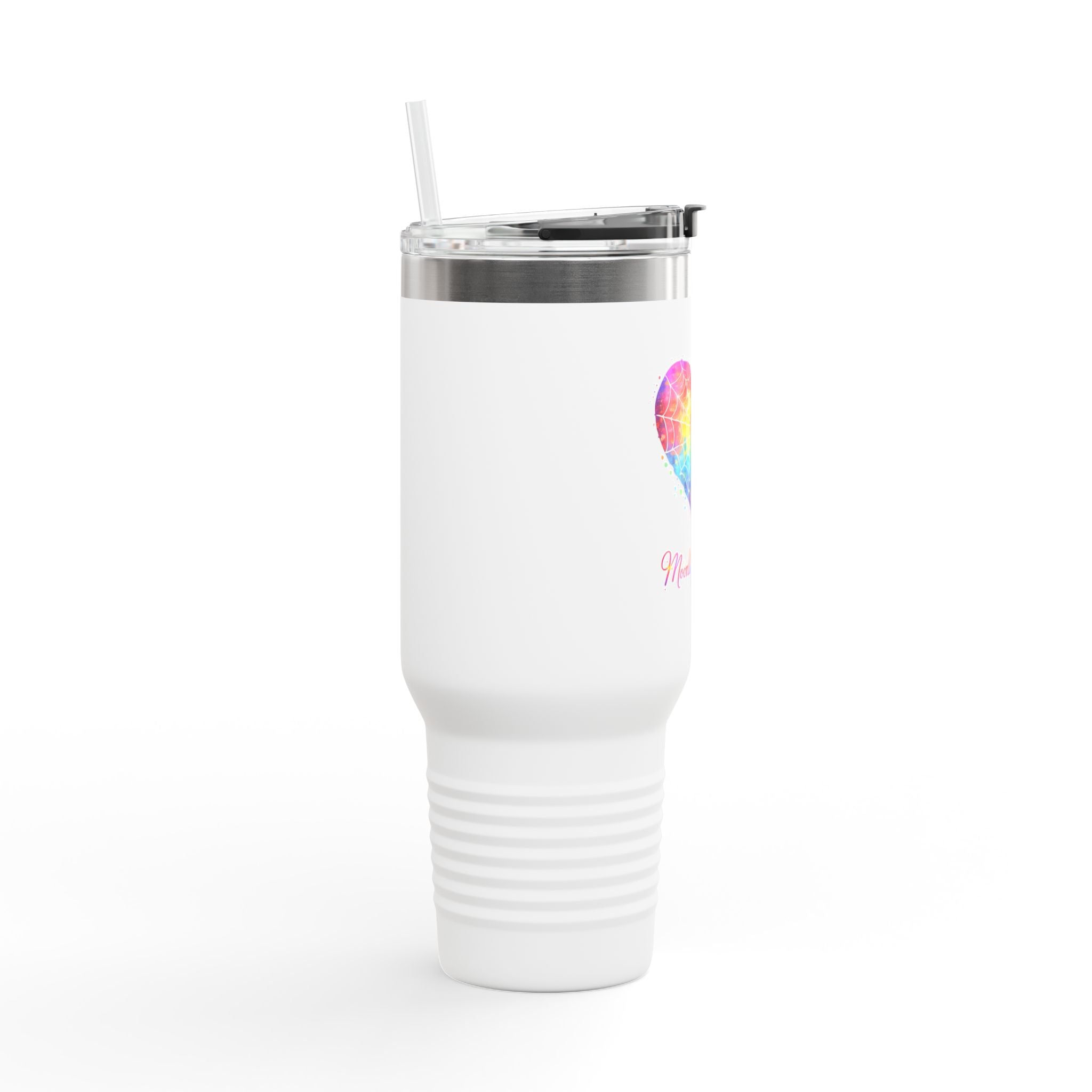 Personalized 40oz Insulated Travel Mug — Colorful Heart Paint Splash with Moonlit Spoodies Logo