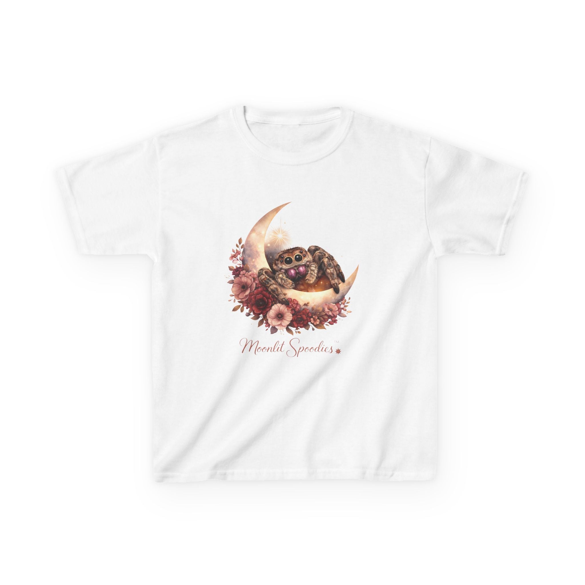 Kids Tee — Sorsha the Jumping Spider on Crescent Moon (Moonlit Spoodies)