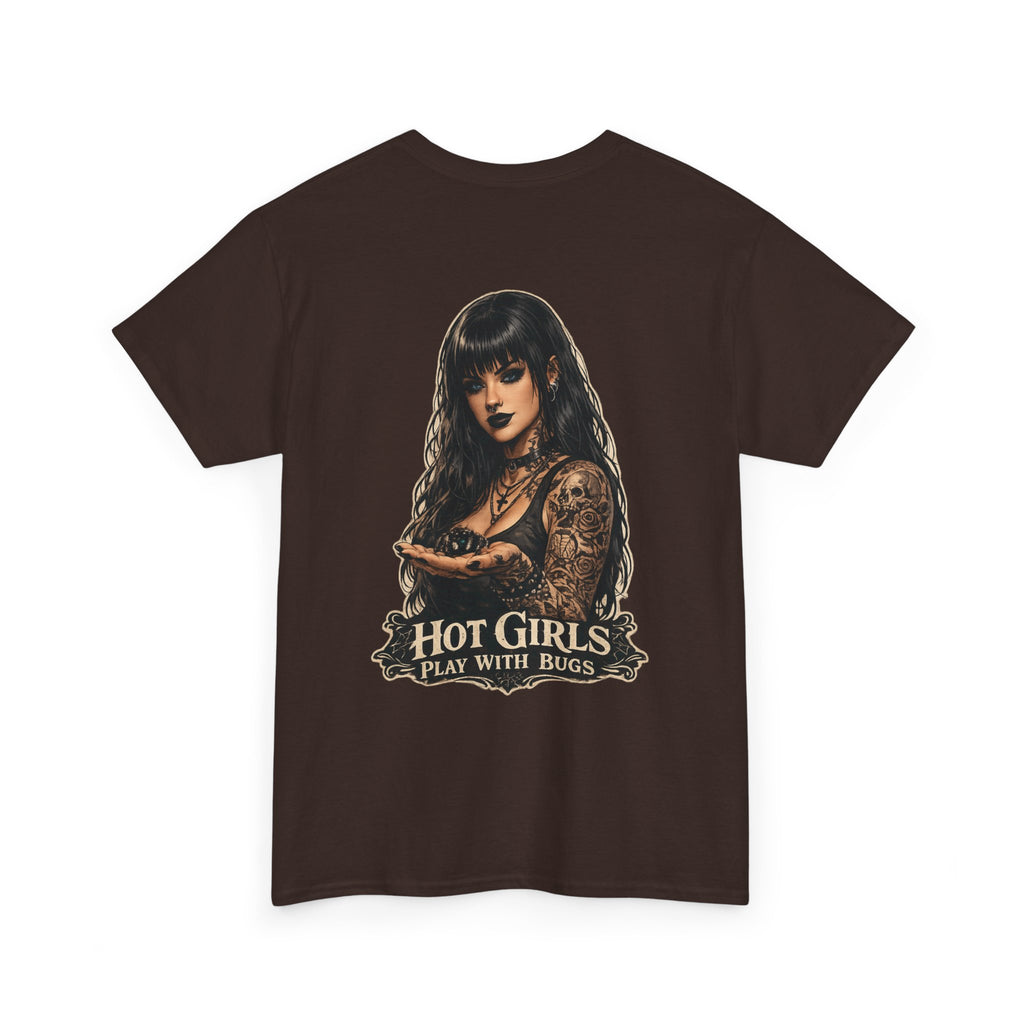 T-Shirt — "Hot Girls Play With Bugs" Goth Pinup Graphic Tee