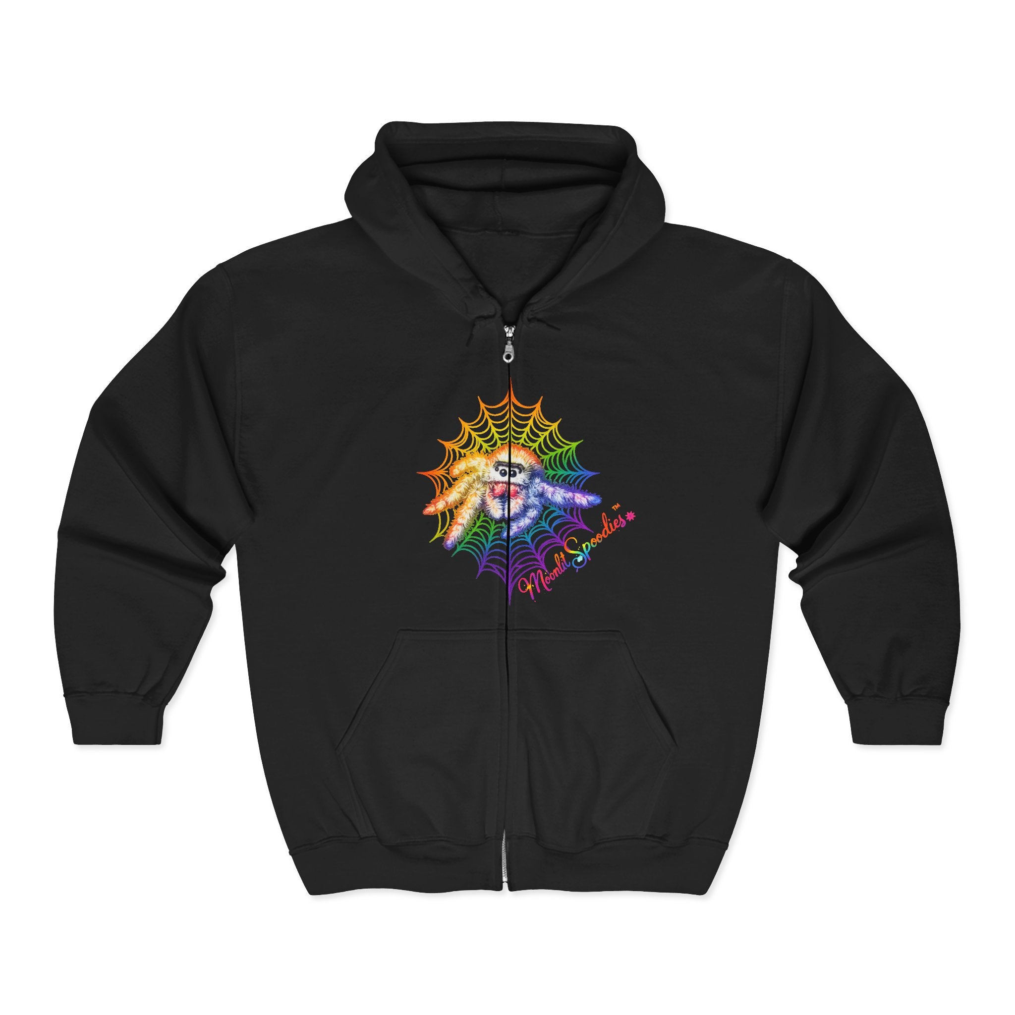Rainbow Web Spider Zip Hoodie – Psychedelic Celestial Full-Zip Sweatshirt