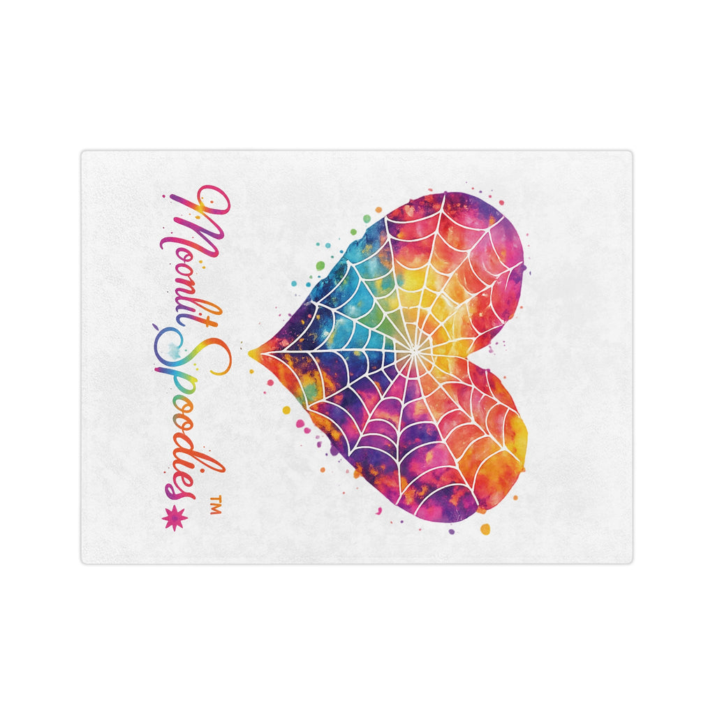Velveteen Microfiber Blanket — Rainbow Watercolor Heart with Spiderweb Design (Moonlit Spoodies)