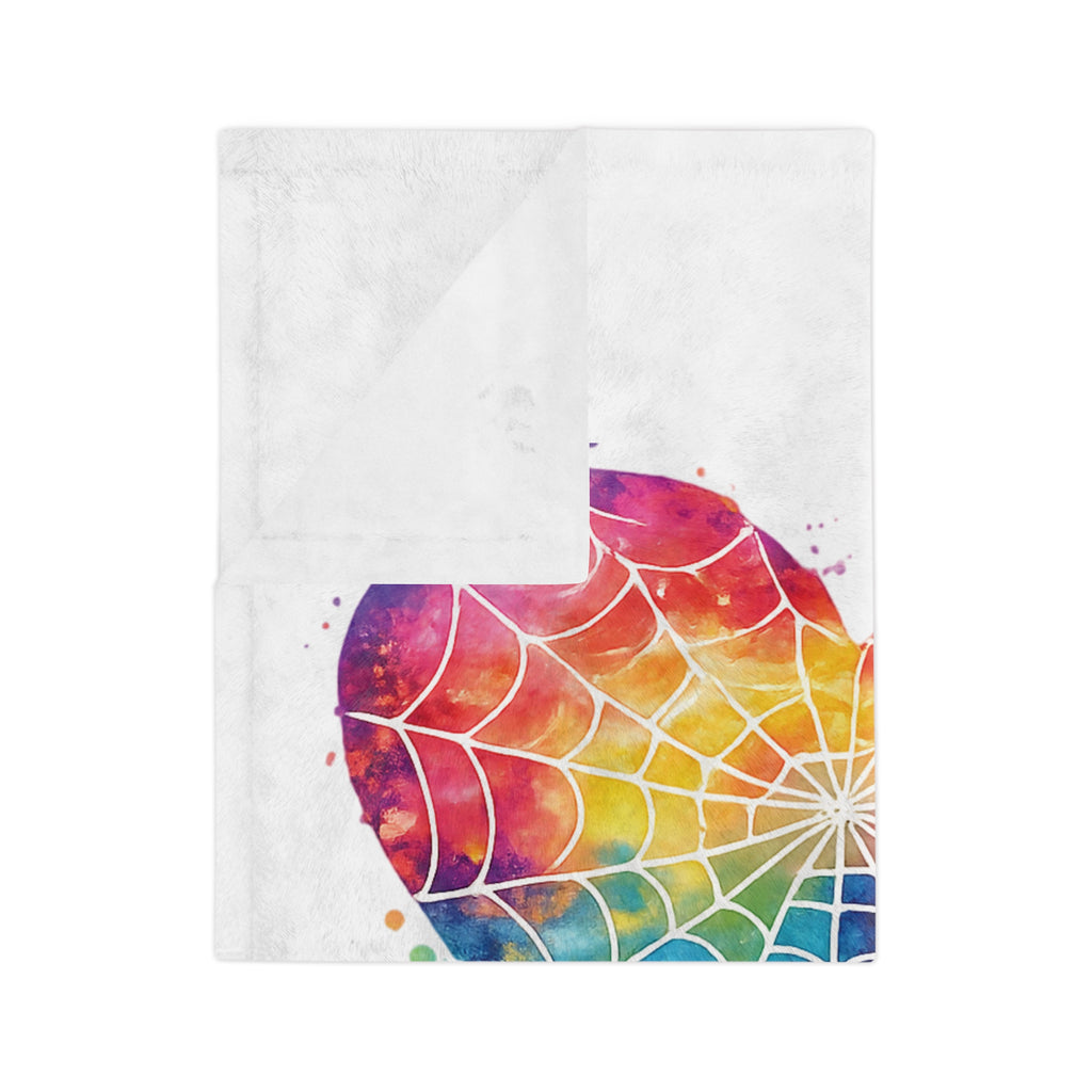 Velveteen Microfiber Blanket — Rainbow Watercolor Heart with Spiderweb Design (Moonlit Spoodies)