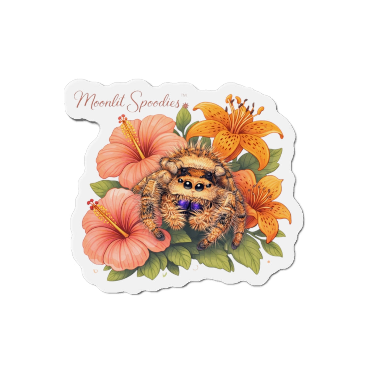 Jumping Spider & Tropical Flowers Die-Cut Magnet — Moonlit Spoodies
