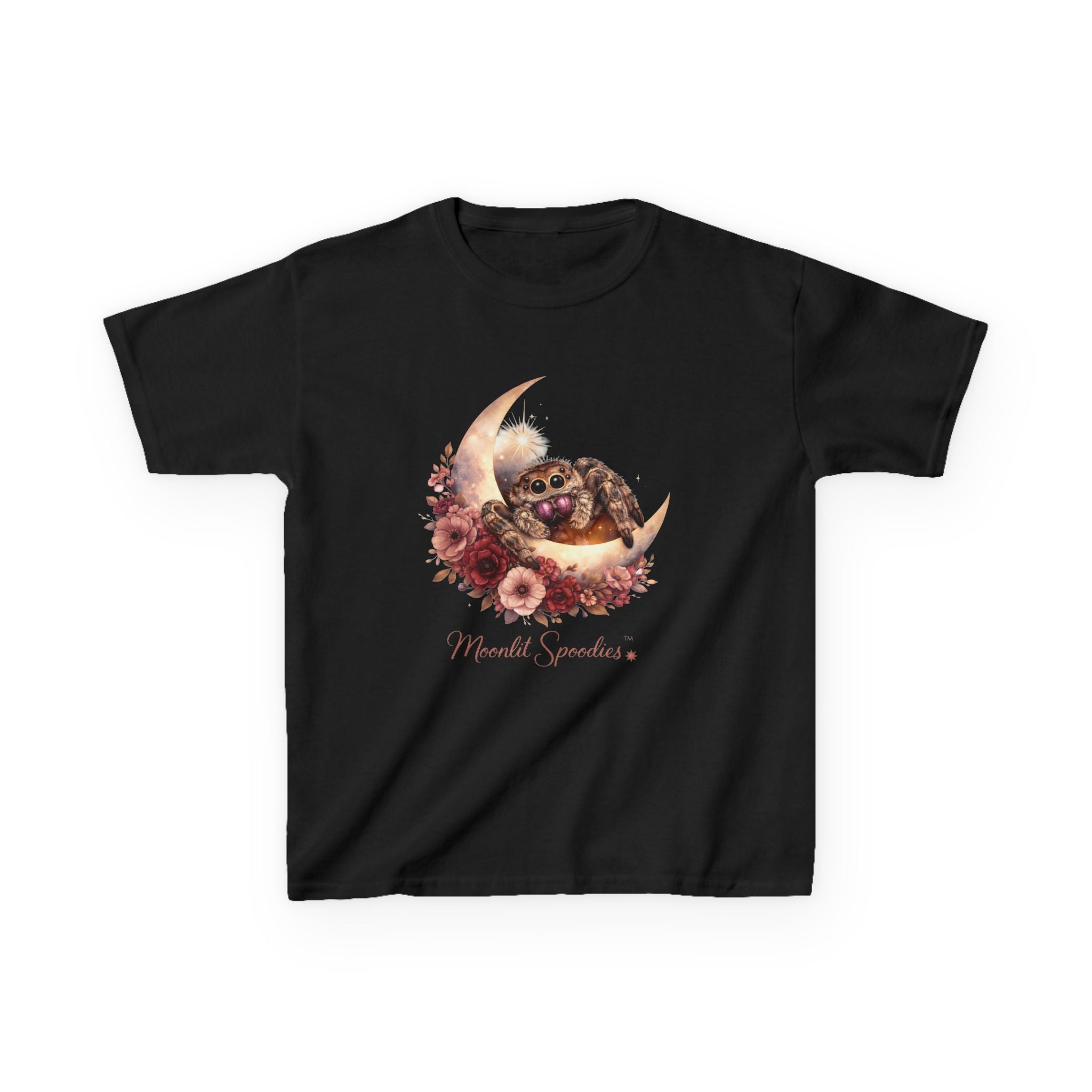 Kids Tee — Sorsha the Jumping Spider on Crescent Moon (Moonlit Spoodies)