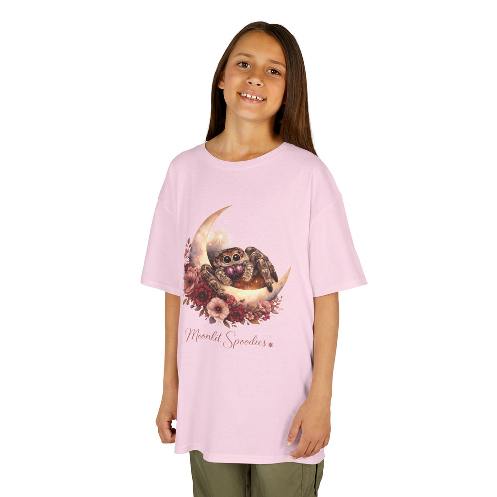 Kids Tee — Sorsha the Jumping Spider on Crescent Moon (Moonlit Spoodies)