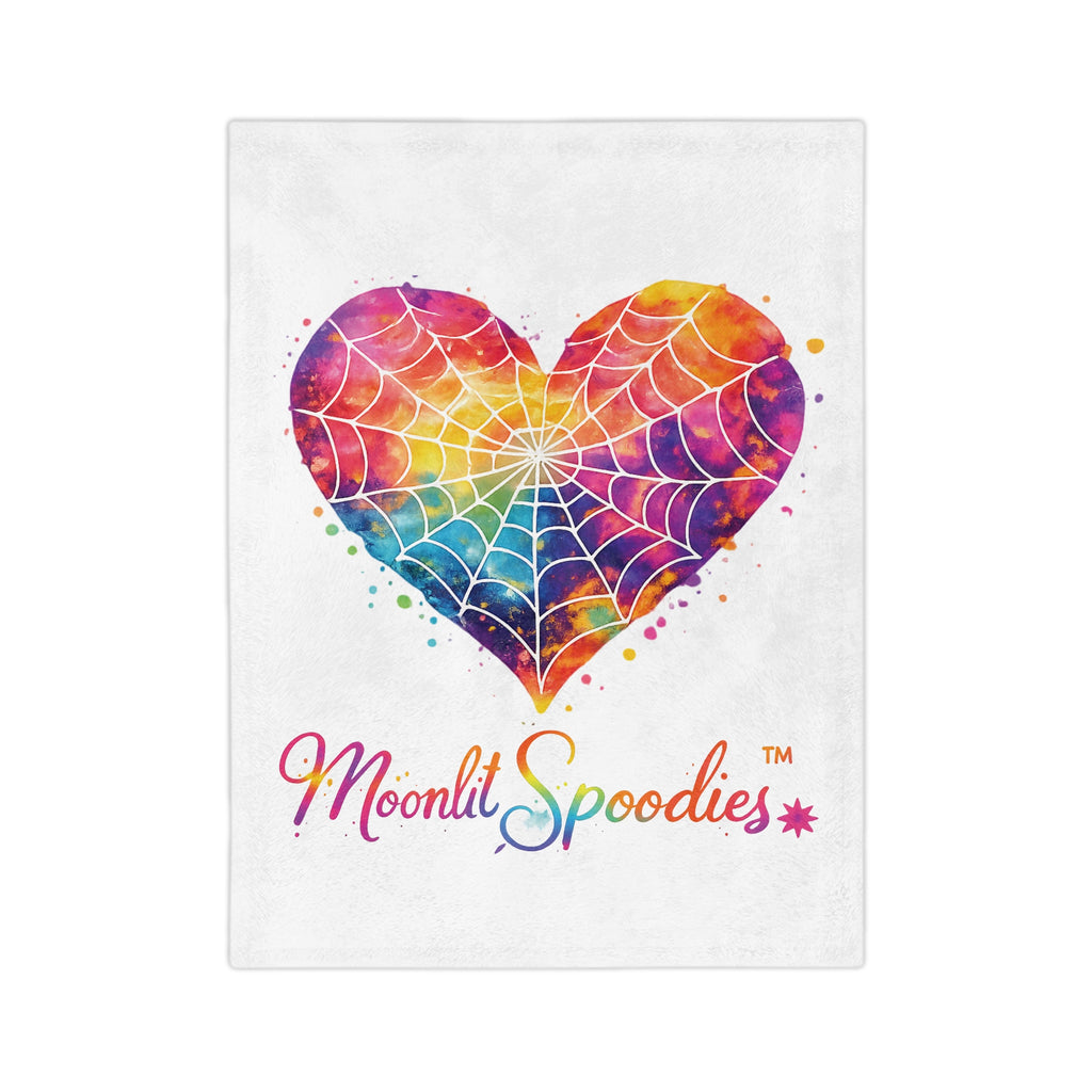 Velveteen Microfiber Blanket — Rainbow Watercolor Heart with Spiderweb Design (Moonlit Spoodies)