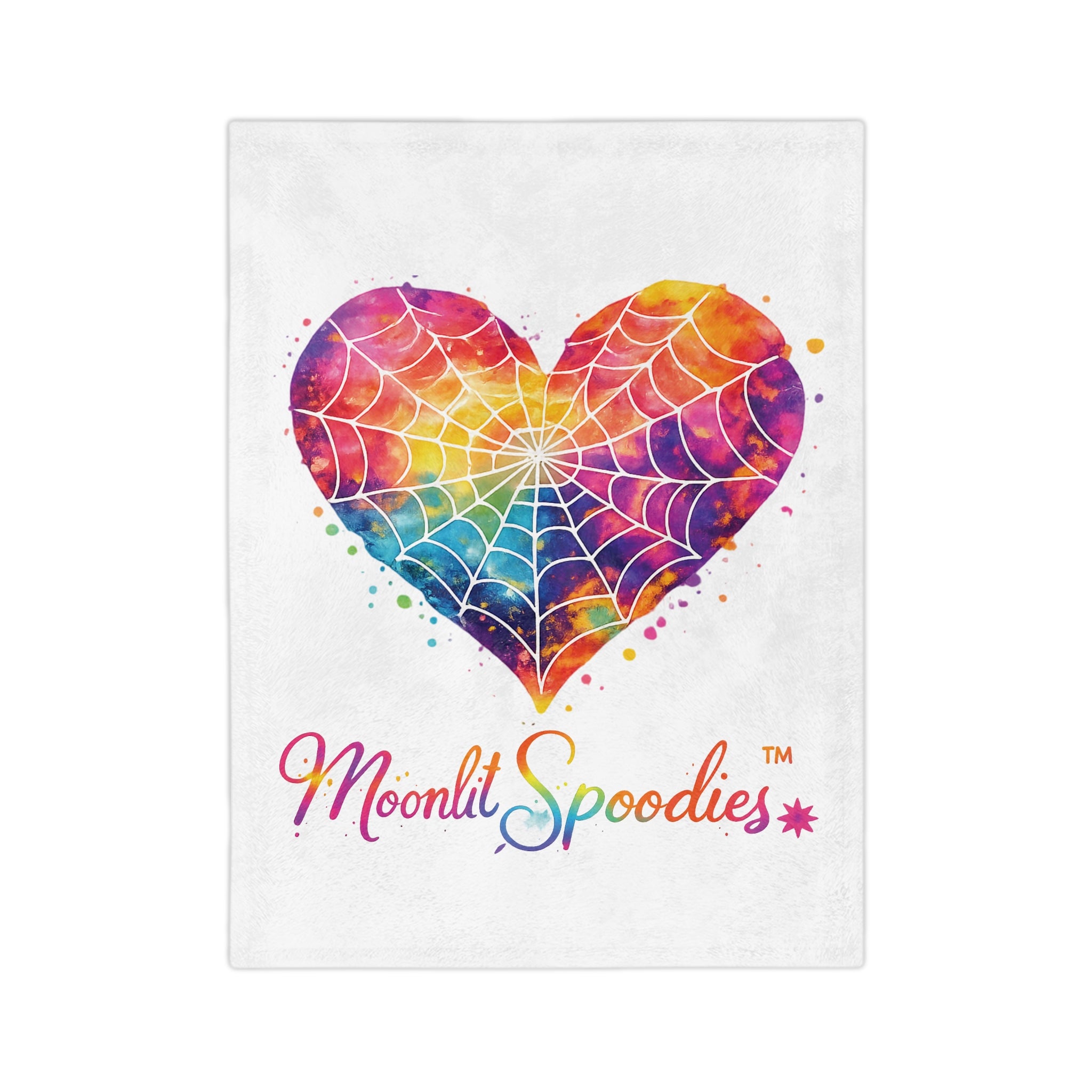 Velveteen Microfiber Blanket — Rainbow Watercolor Heart with Spiderweb Design (Moonlit Spoodies)