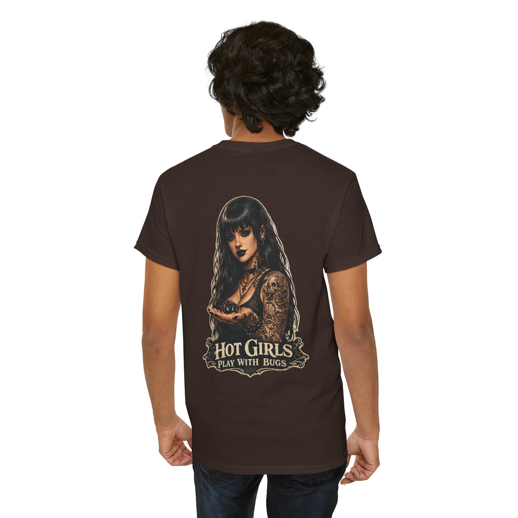 T-Shirt — "Hot Girls Play With Bugs" Goth Pinup Graphic Tee