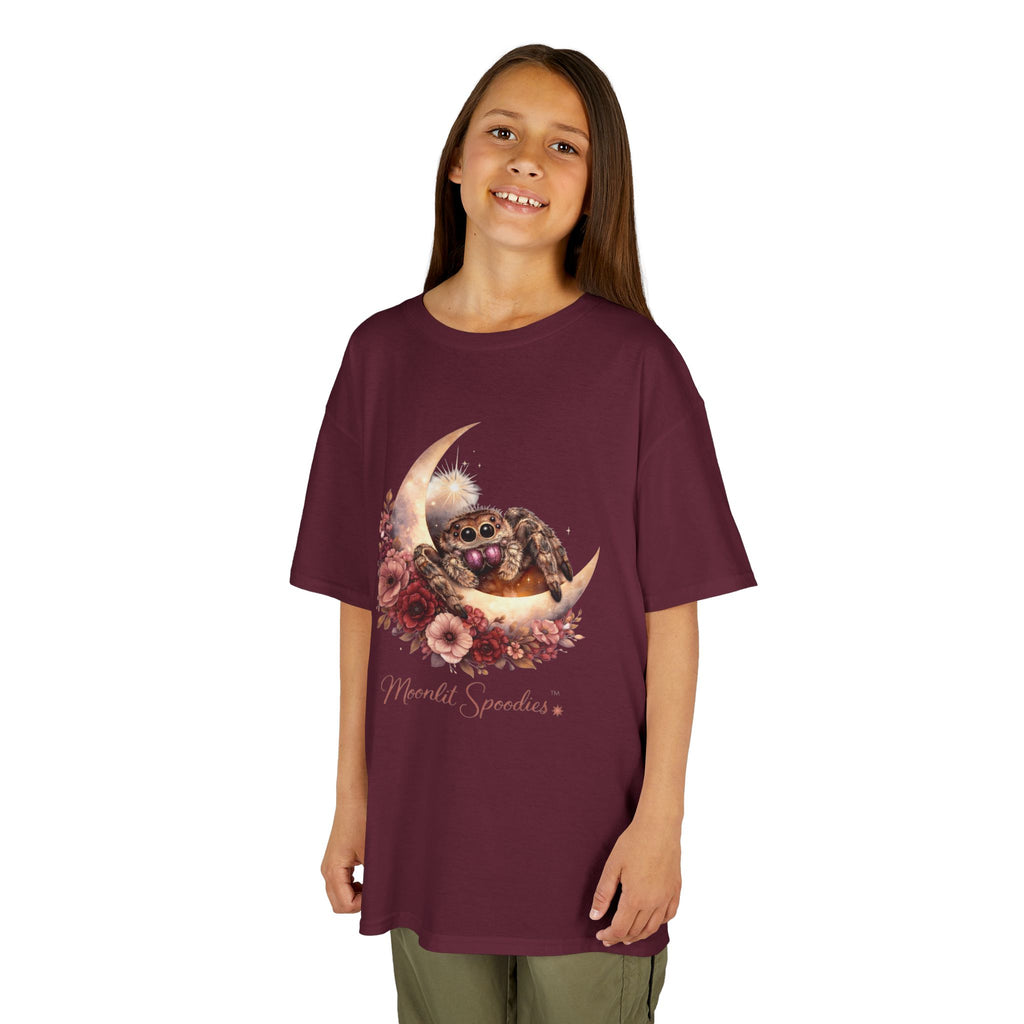Kids Tee — Sorsha the Jumping Spider on Crescent Moon (Moonlit Spoodies)
