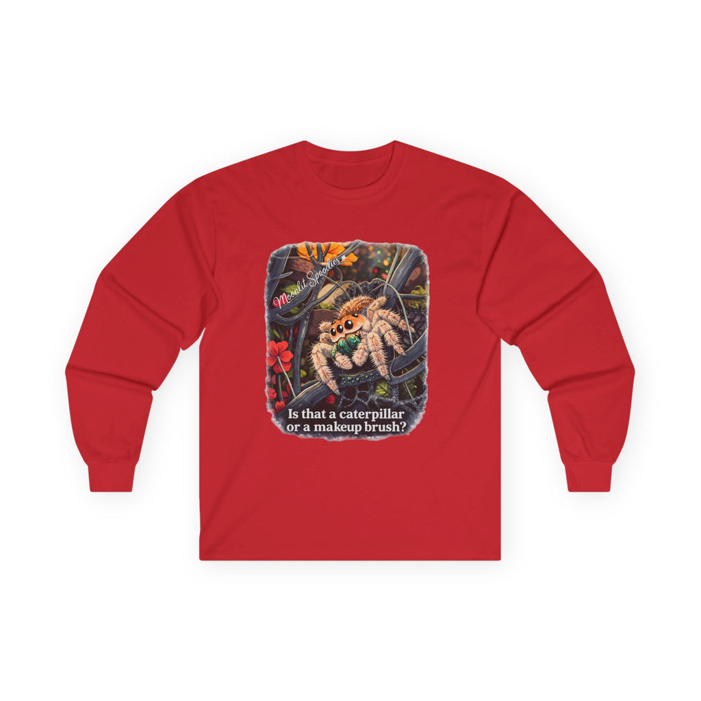 Long Sleeve Tee — Funny Spider Illustration with Caption “Is that a caterpillar or a makeup brush?”