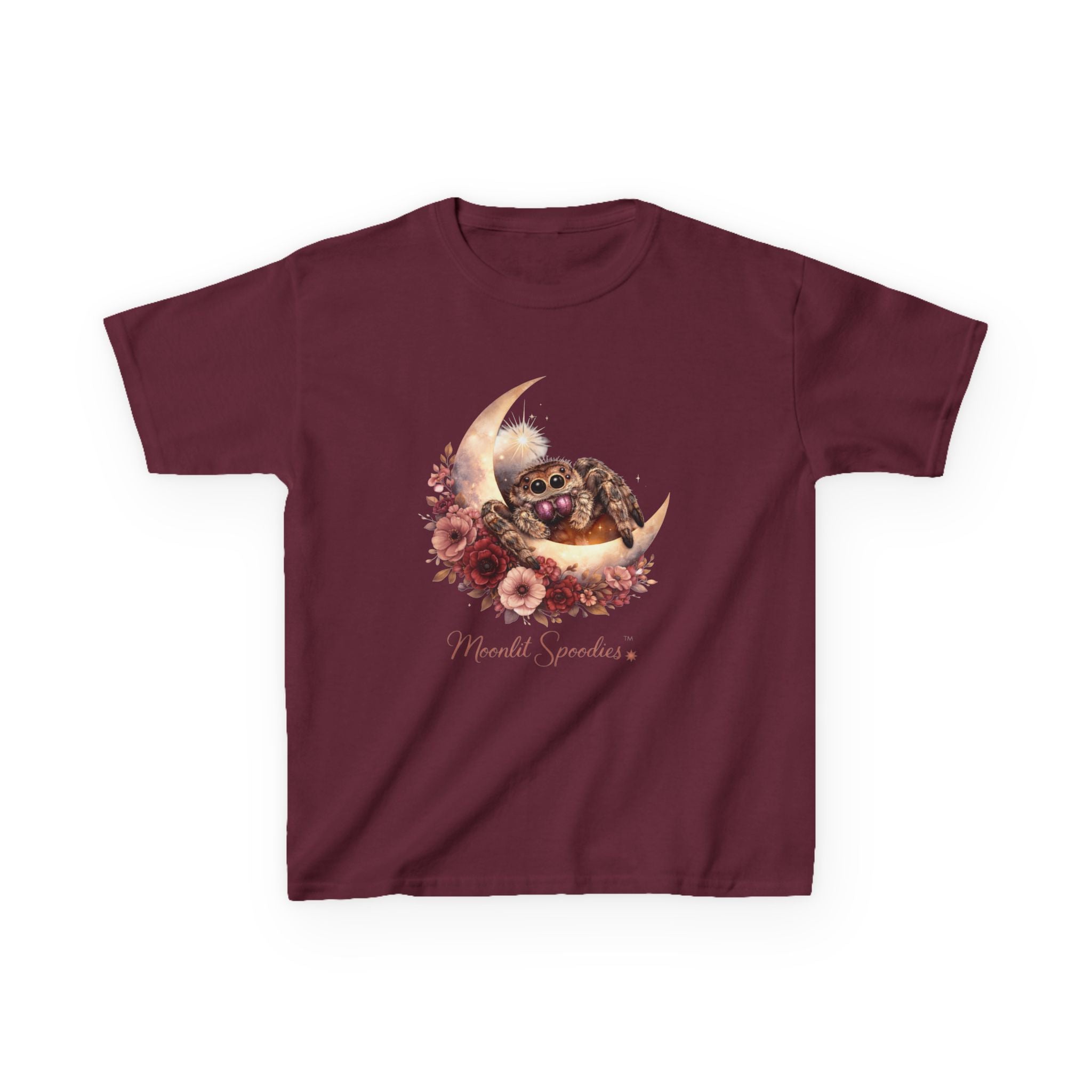 Kids Tee — Sorsha the Jumping Spider on Crescent Moon (Moonlit Spoodies)