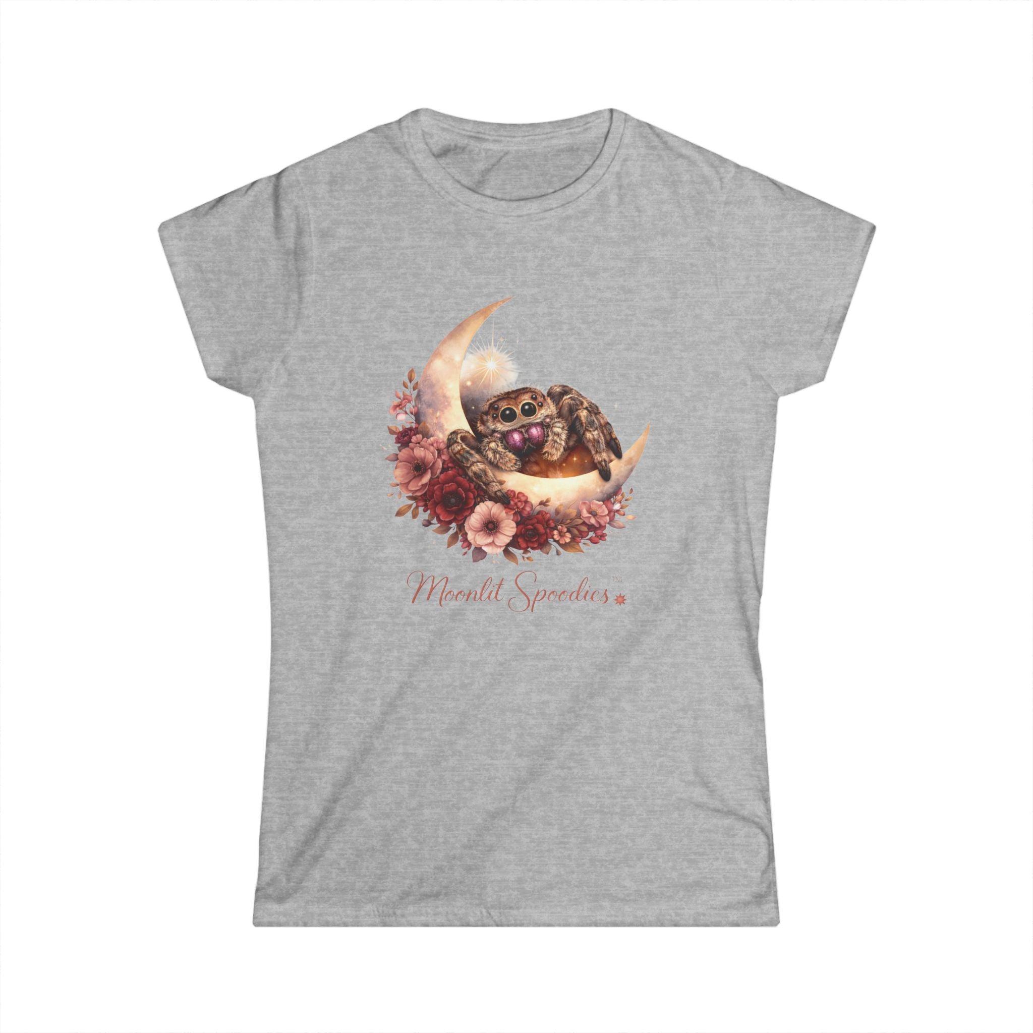 Women's Tee — Sorsha the Jumping Spider on Crescent Moon with Floral Bouquet