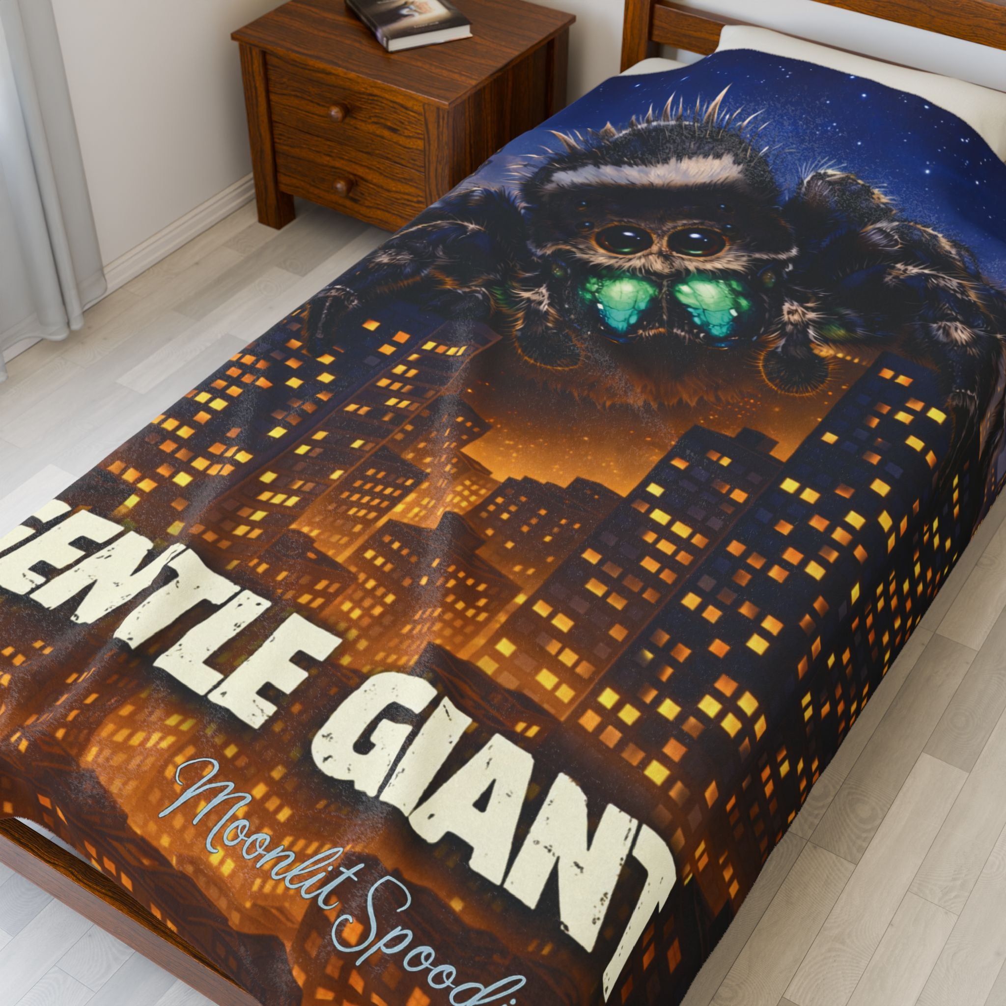 Velveteen Plush Blanket — "Gentle Giant" Neon-Eyed Spider Cityscape Throw