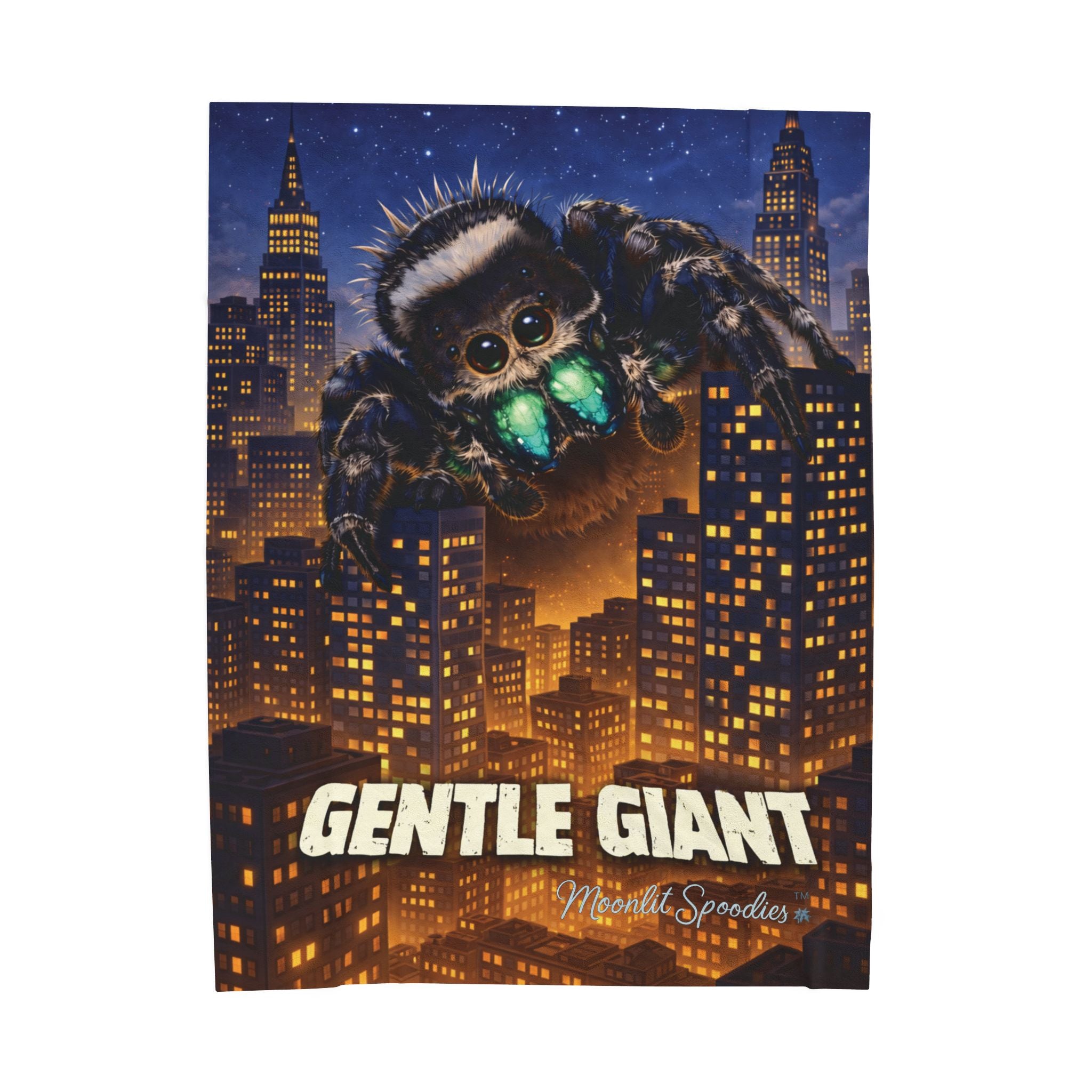 Velveteen Plush Blanket — "Gentle Giant" Neon-Eyed Spider Cityscape Throw