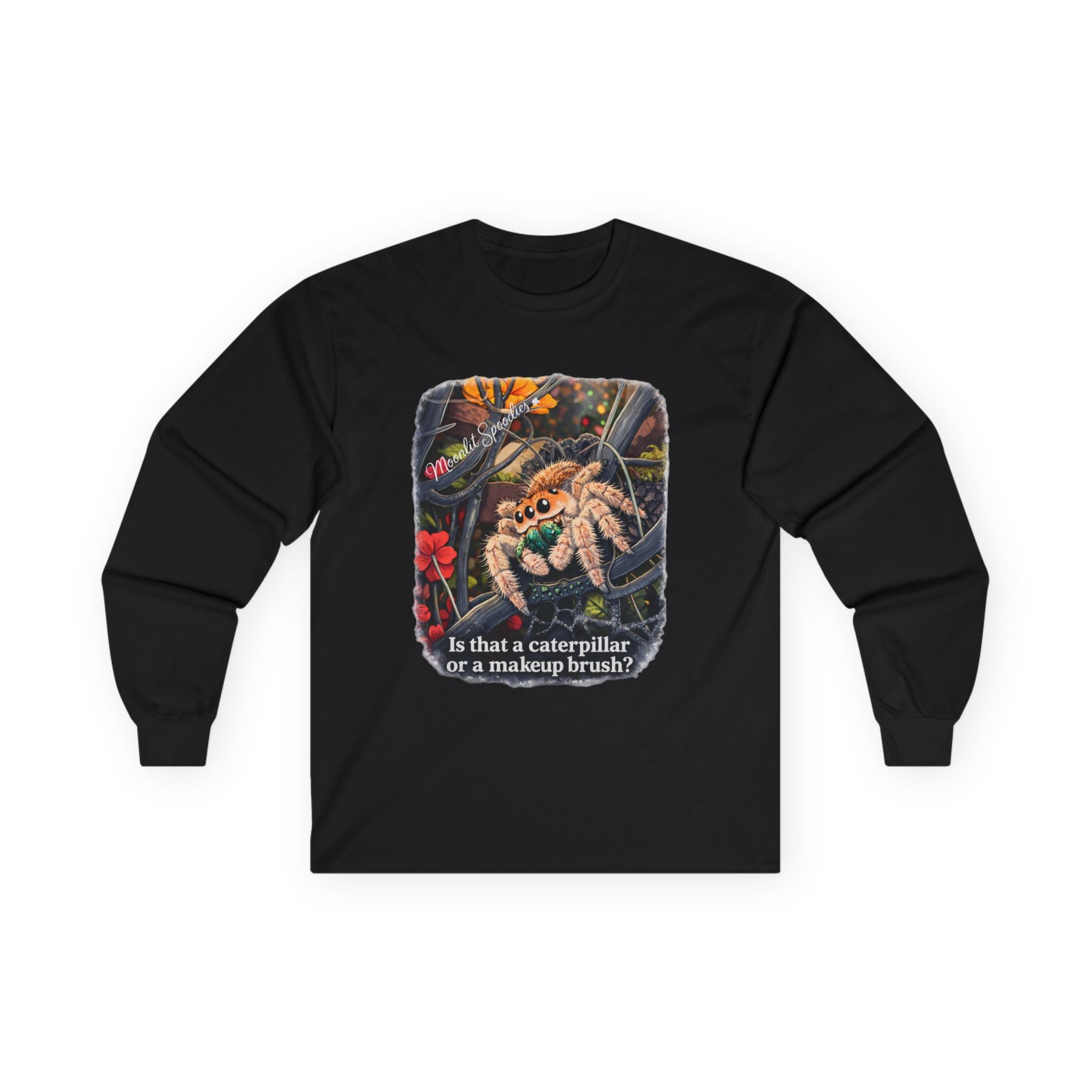 Long Sleeve Tee — Funny Spider Illustration with Caption “Is that a caterpillar or a makeup brush?”