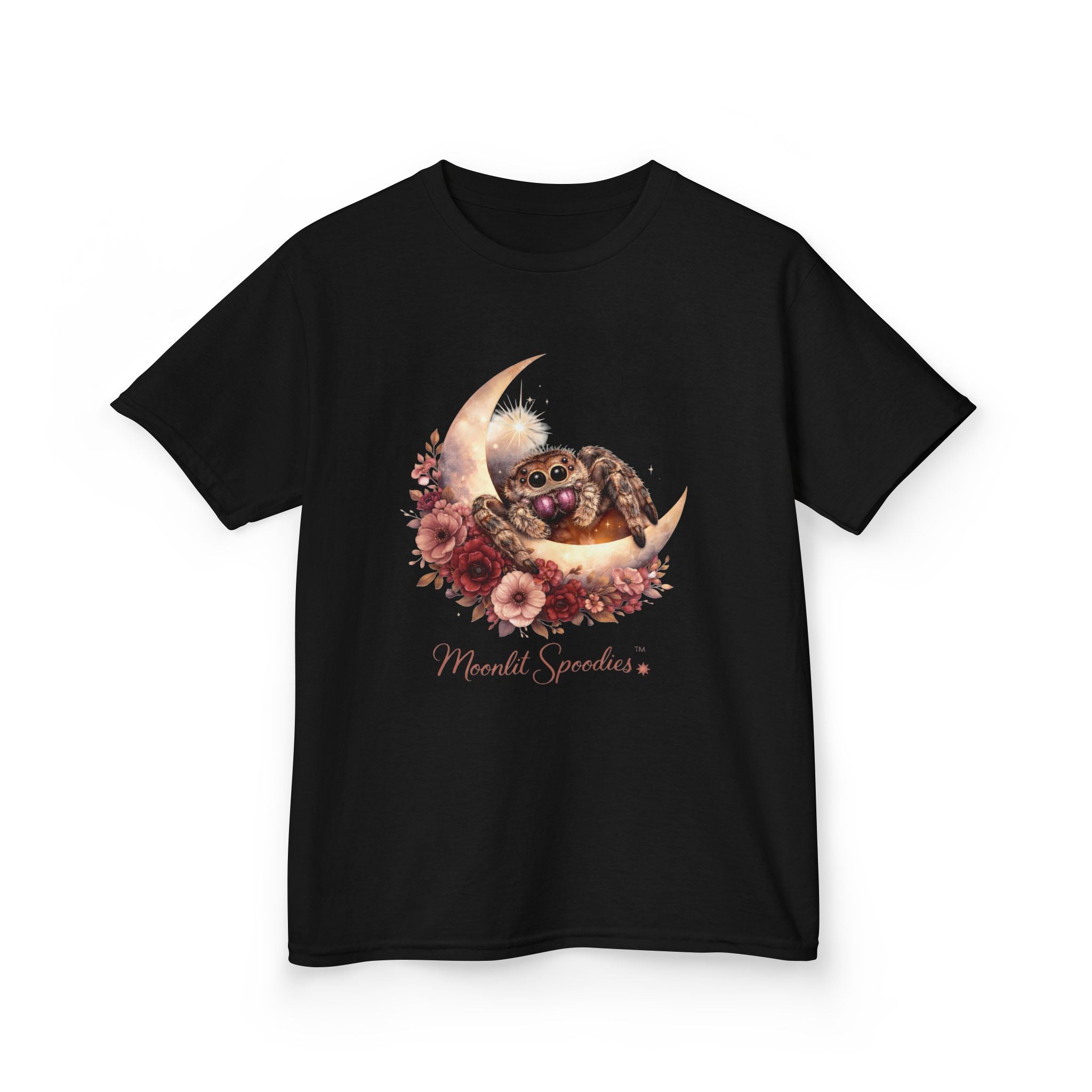 Kids Tee — Sorsha the Jumping Spider on Crescent Moon (Moonlit Spoodies)