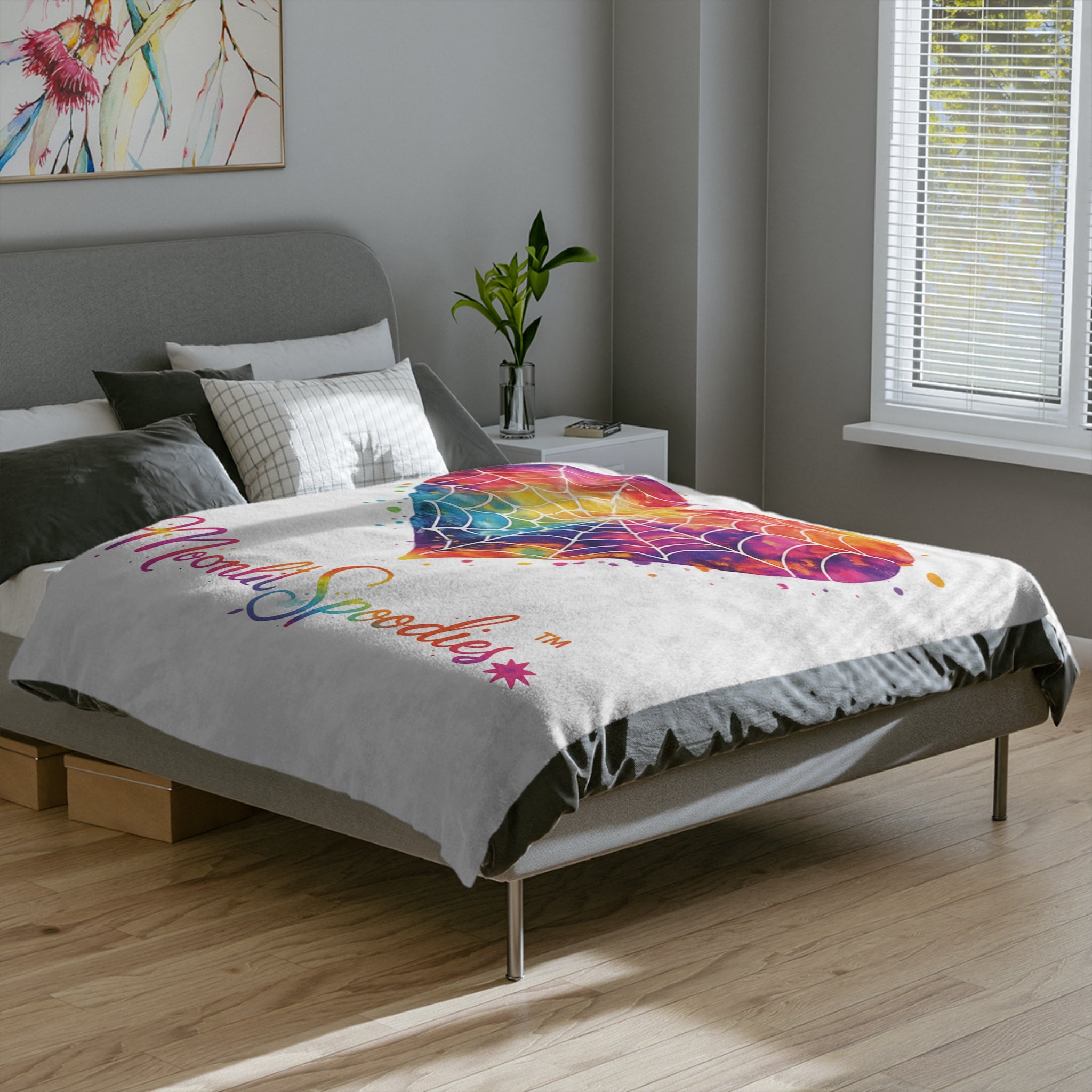 Velveteen Microfiber Blanket — Rainbow Watercolor Heart with Spiderweb Design (Moonlit Spoodies)