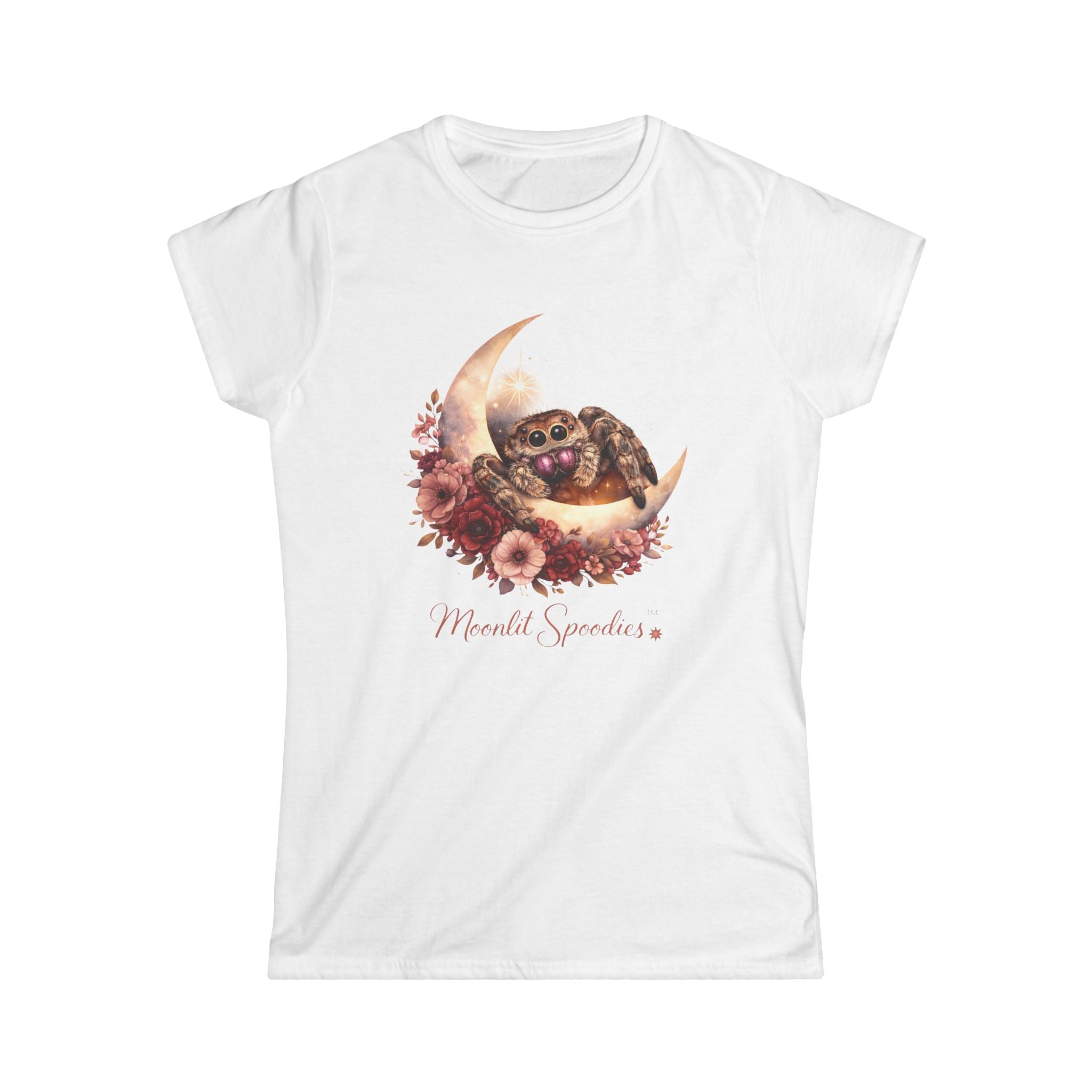 Women's Tee — Sorsha the Jumping Spider on Crescent Moon with Floral Bouquet
