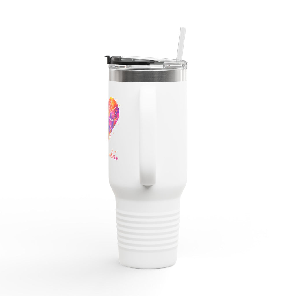 Personalized 40oz Insulated Travel Mug — Colorful Heart Paint Splash with Moonlit Spoodies Logo