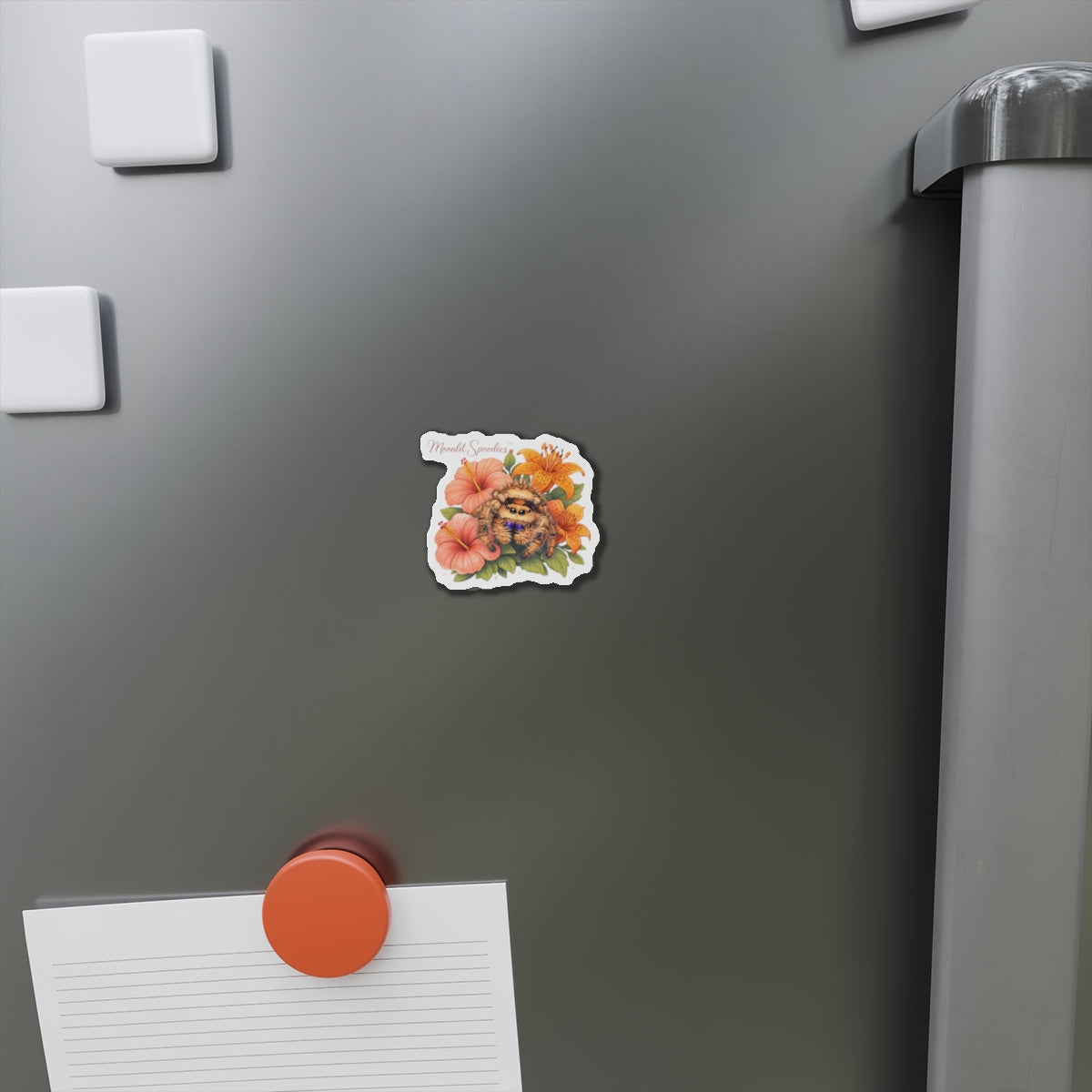 Jumping Spider & Tropical Flowers Die-Cut Magnet — Moonlit Spoodies