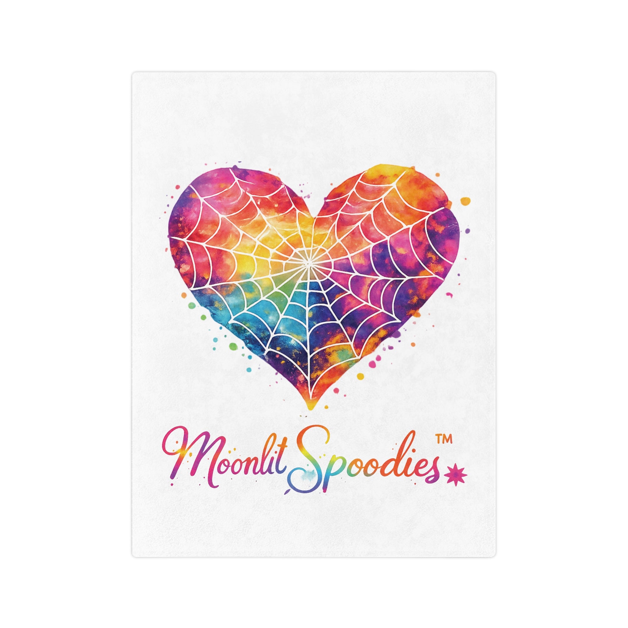 Velveteen Microfiber Blanket — Rainbow Watercolor Heart with Spiderweb Design (Moonlit Spoodies)