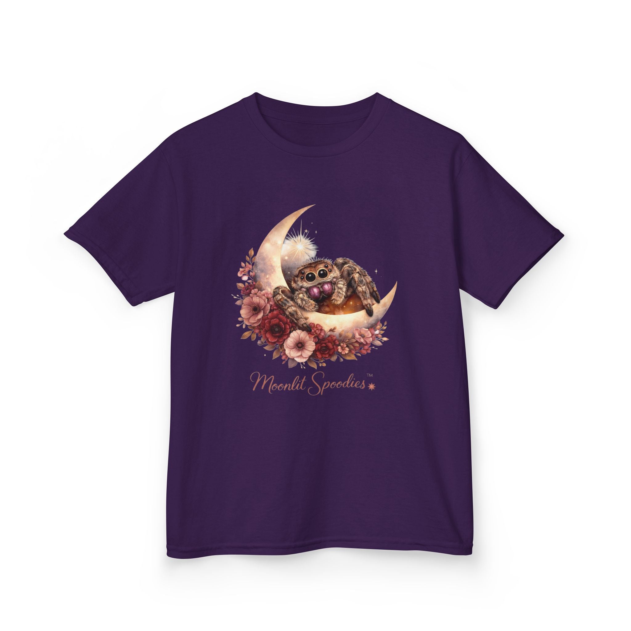 Kids Tee — Sorsha the Jumping Spider on Crescent Moon (Moonlit Spoodies)