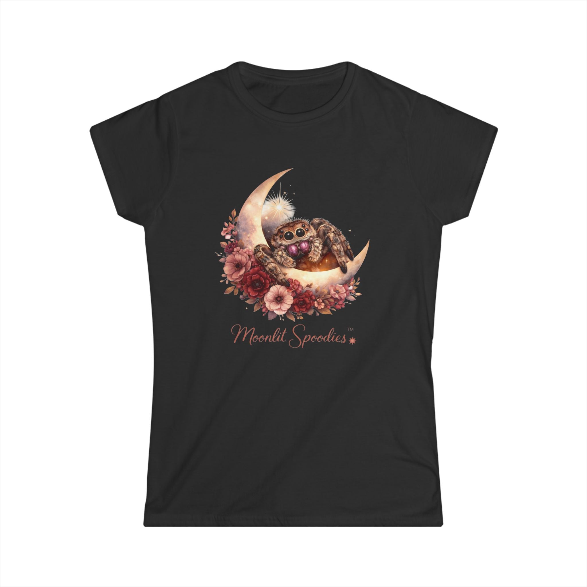 Women's Tee — Sorsha the Jumping Spider on Crescent Moon with Floral Bouquet