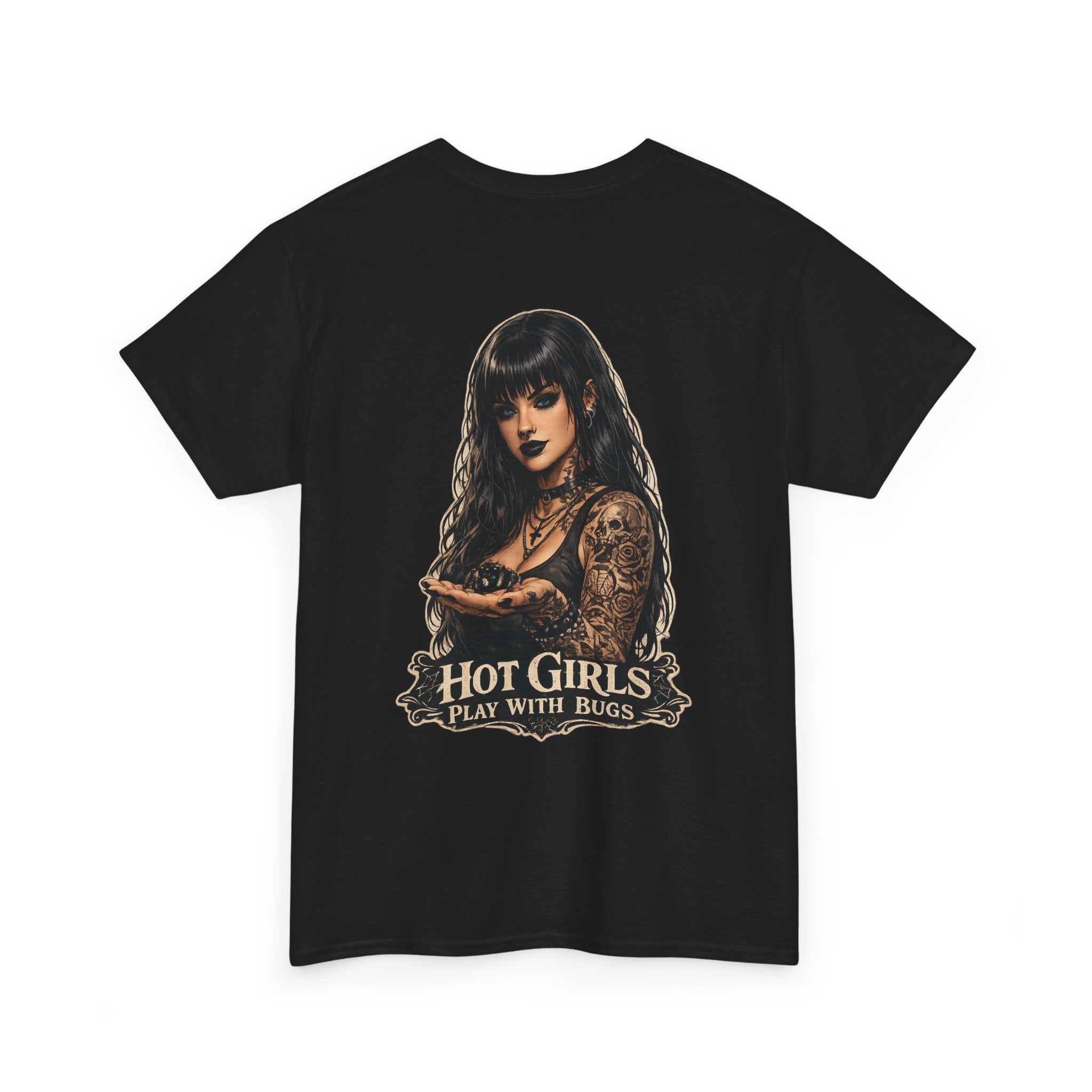 T-Shirt — "Hot Girls Play With Bugs" Goth Pinup Graphic Tee